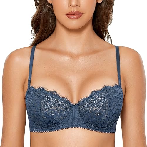 DOBREVA Women's Sexy Lace Push Up Plus Size Bra Sheer Balconette Underwire Unlined