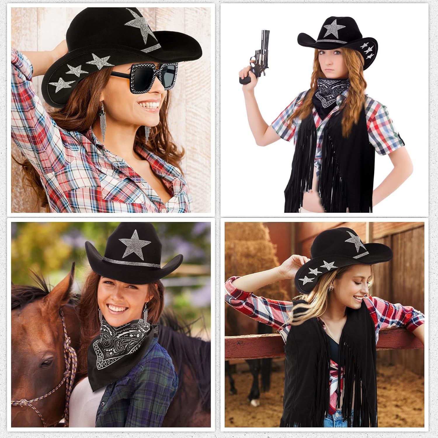 Tiamon Western Costume Accessories for Women Cowgirl Tassels Fringe Vest Cowboy Hat Rhinestone Earrings Glasses Paisley