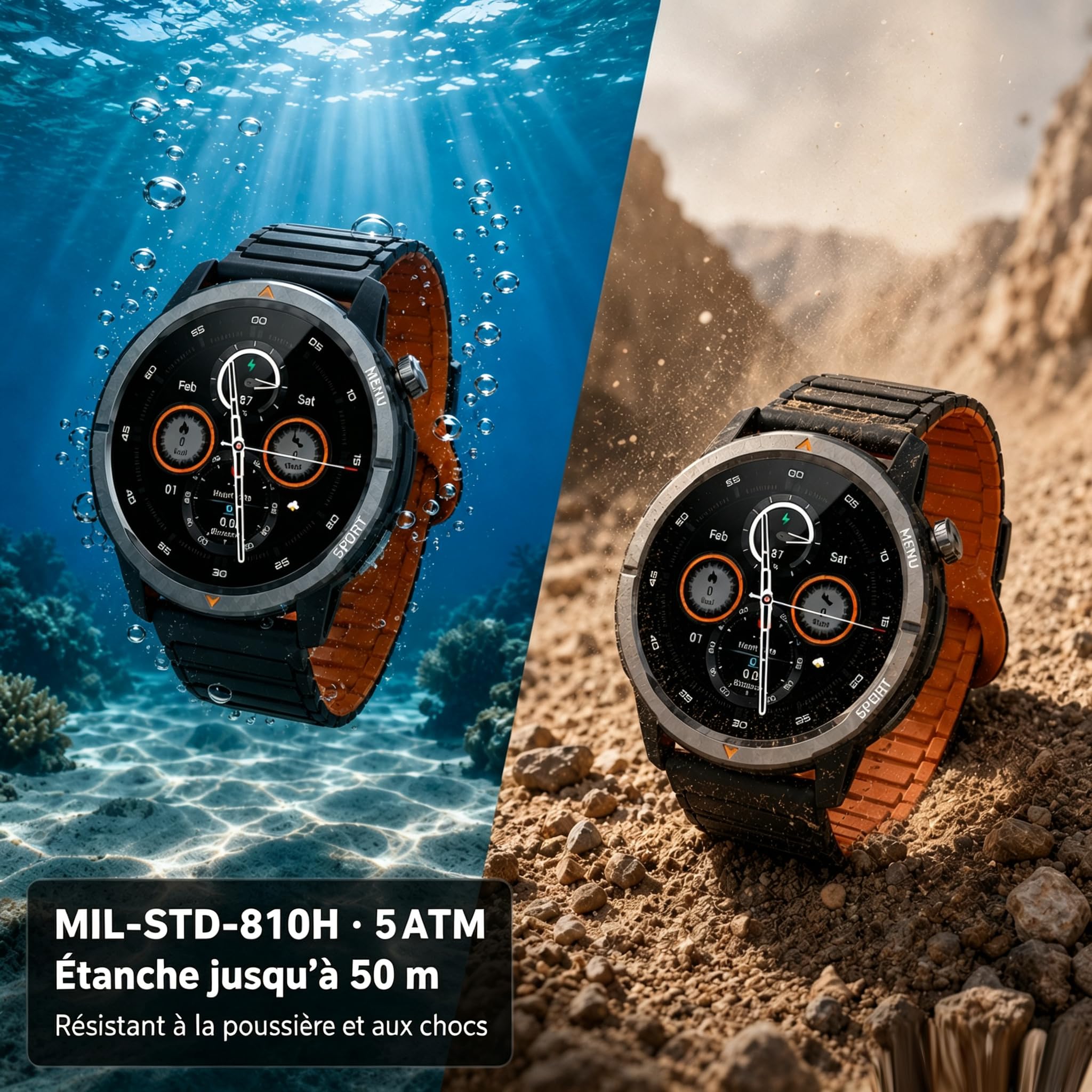 AGM Legion Montre Connectée 5ATM Écran AMOLED 1.43" iOS Android | 100 + modes，Bracelet Magnetique iOS Android