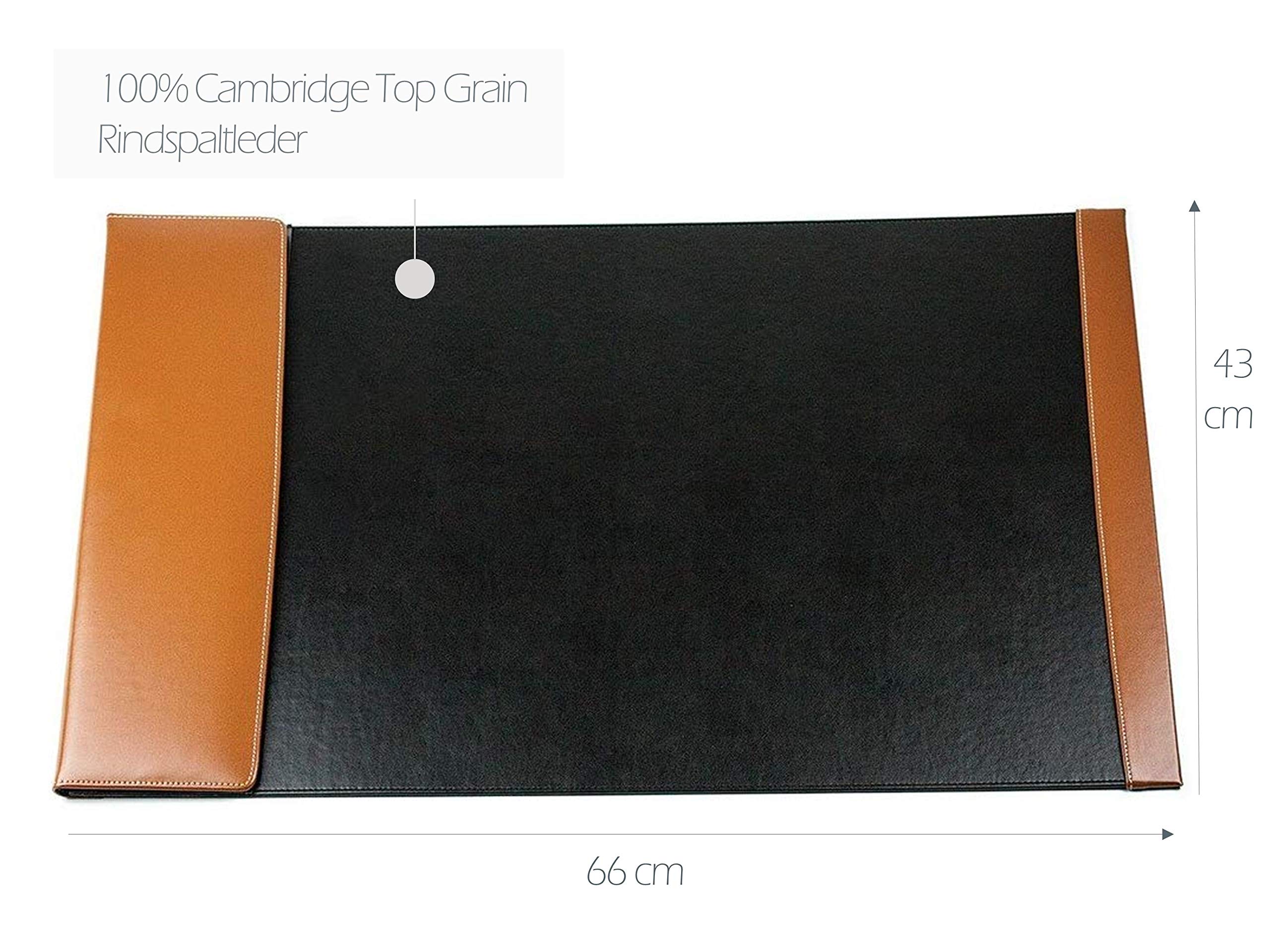 DELMON VARONE - Personalisierbare Schreibtischunterlage mit Klappleiste inkl. Block und Kalender 2026/2027, Cambridge Top Grain Leder schwarz/braun Rutschfeste Schreibunterlage abwaschbar 66x43 cm