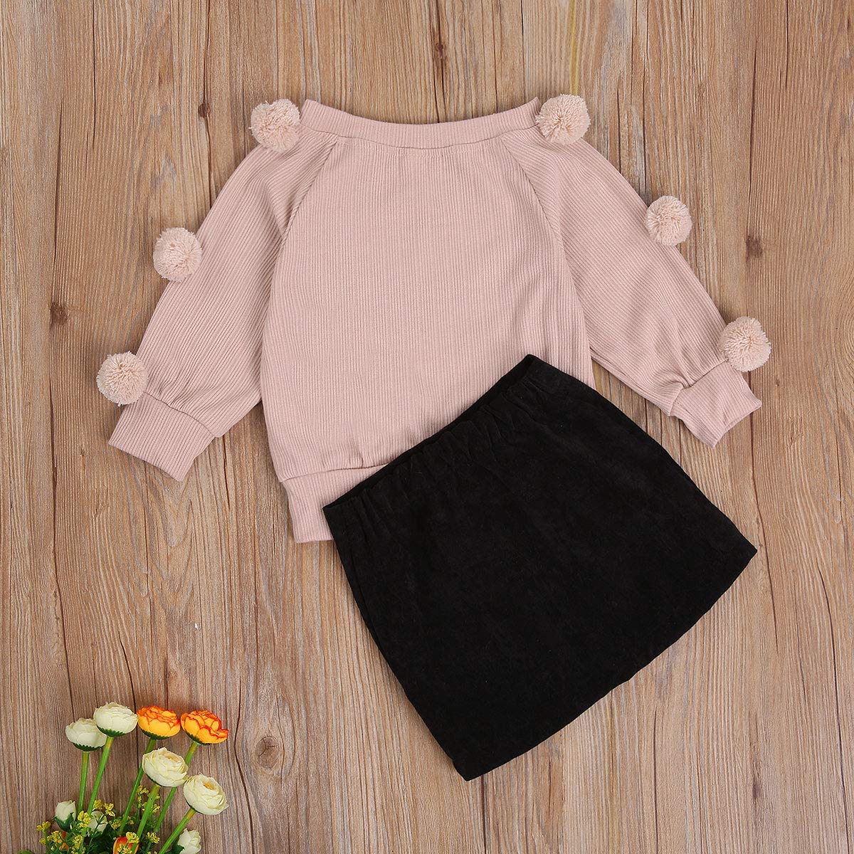FYBITBO Toddler Baby Little Girls Fall Outfit Knit Pom Pom Sweater Blouse&Botton Skirt Dress 2Pcs Fashion Clothing Set (Pink,2-3T)