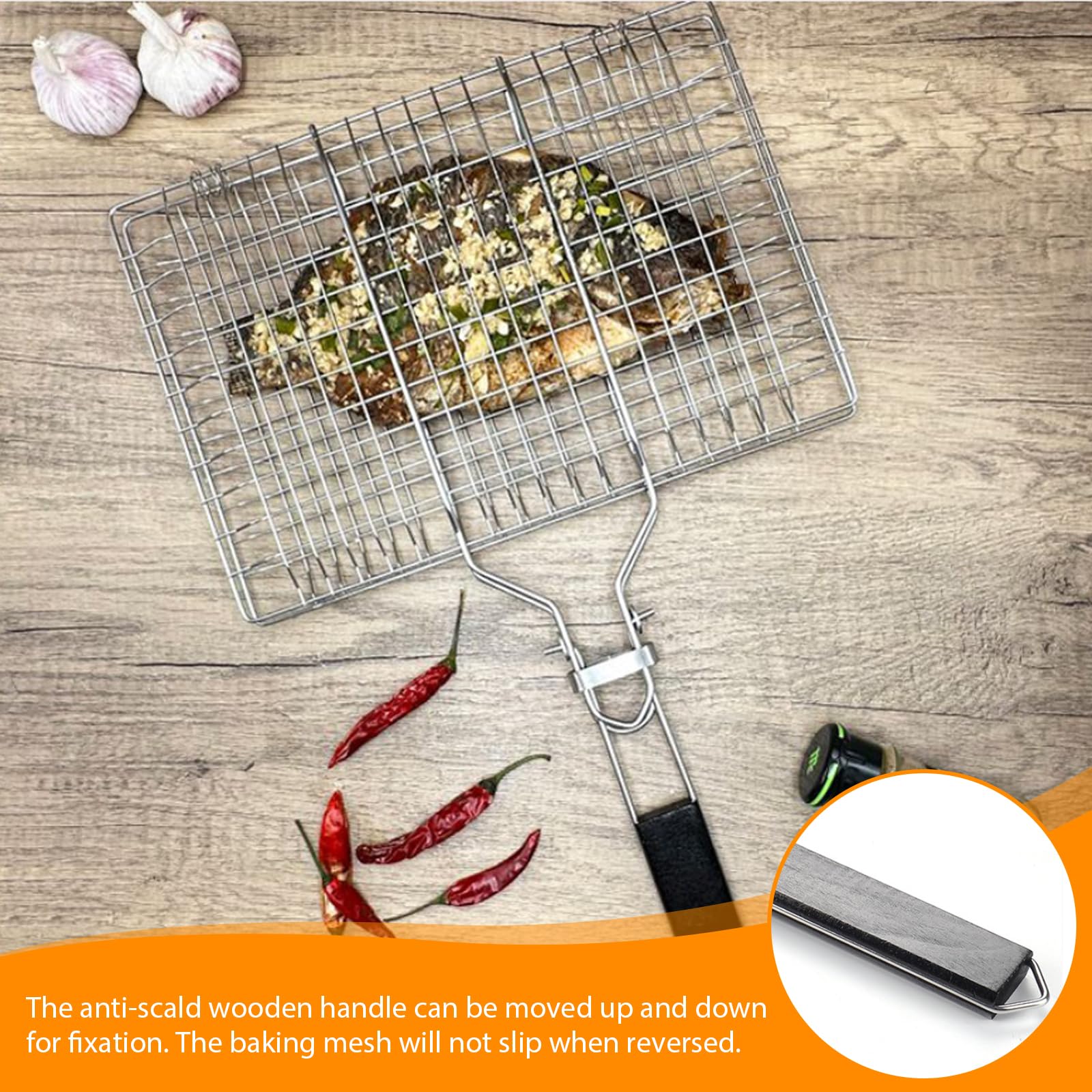 Panier à Rôtir à Poisson, grille de 34 x 32 cm avec brosse en silicone, pince à poisson pliable,Panier de barbecue avec poignée amovible Pour le camping et les grillades poissons légumes crevettes