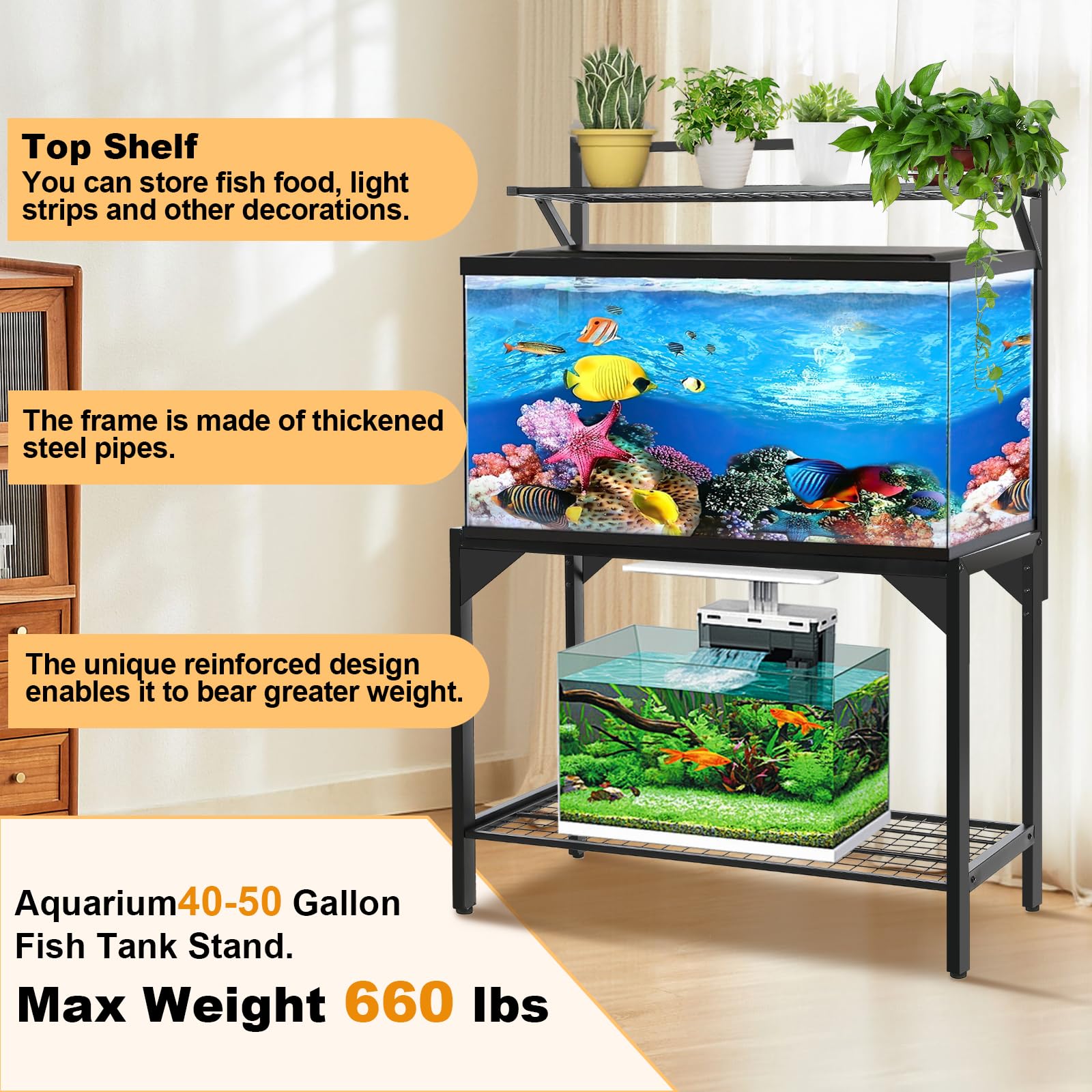 Soporte para pecera de 40-50 galones, soporte de acuario con tomas de corriente, mesa de 36.6 x 18.5 pulgadas, marco de metal grueso, soporte de tanque de reptiles para oficina en casa