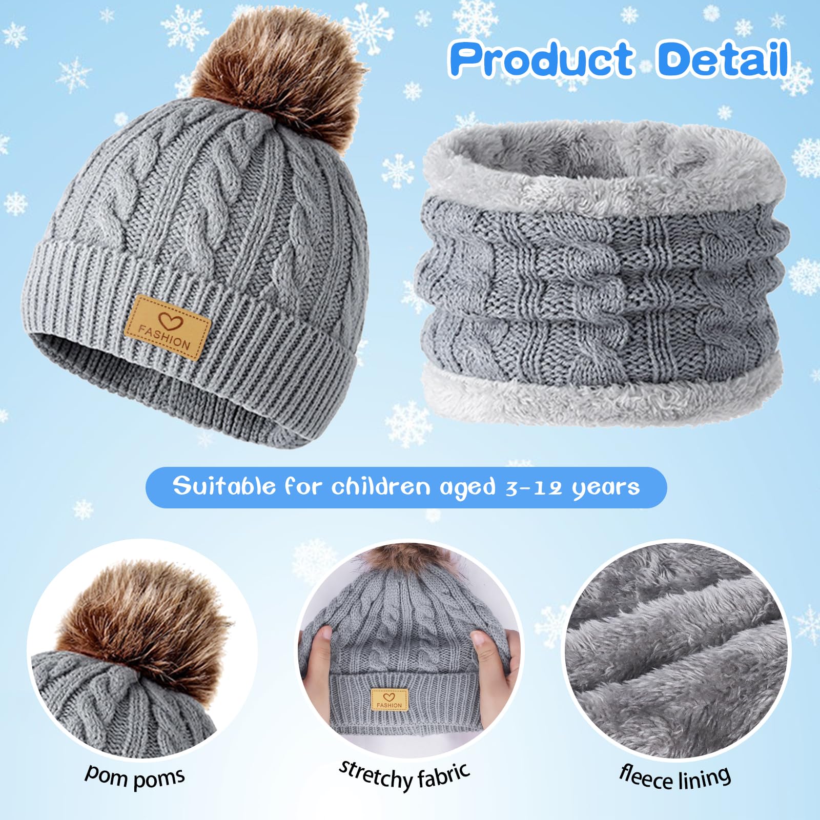 Winmany 3PCS Niños Invierno Gorros Guantes Bufanda Conjunto Niño Polar Cuello Calentador Gorro con Pom Conjunto de Mitones de Punto para Niña Niño