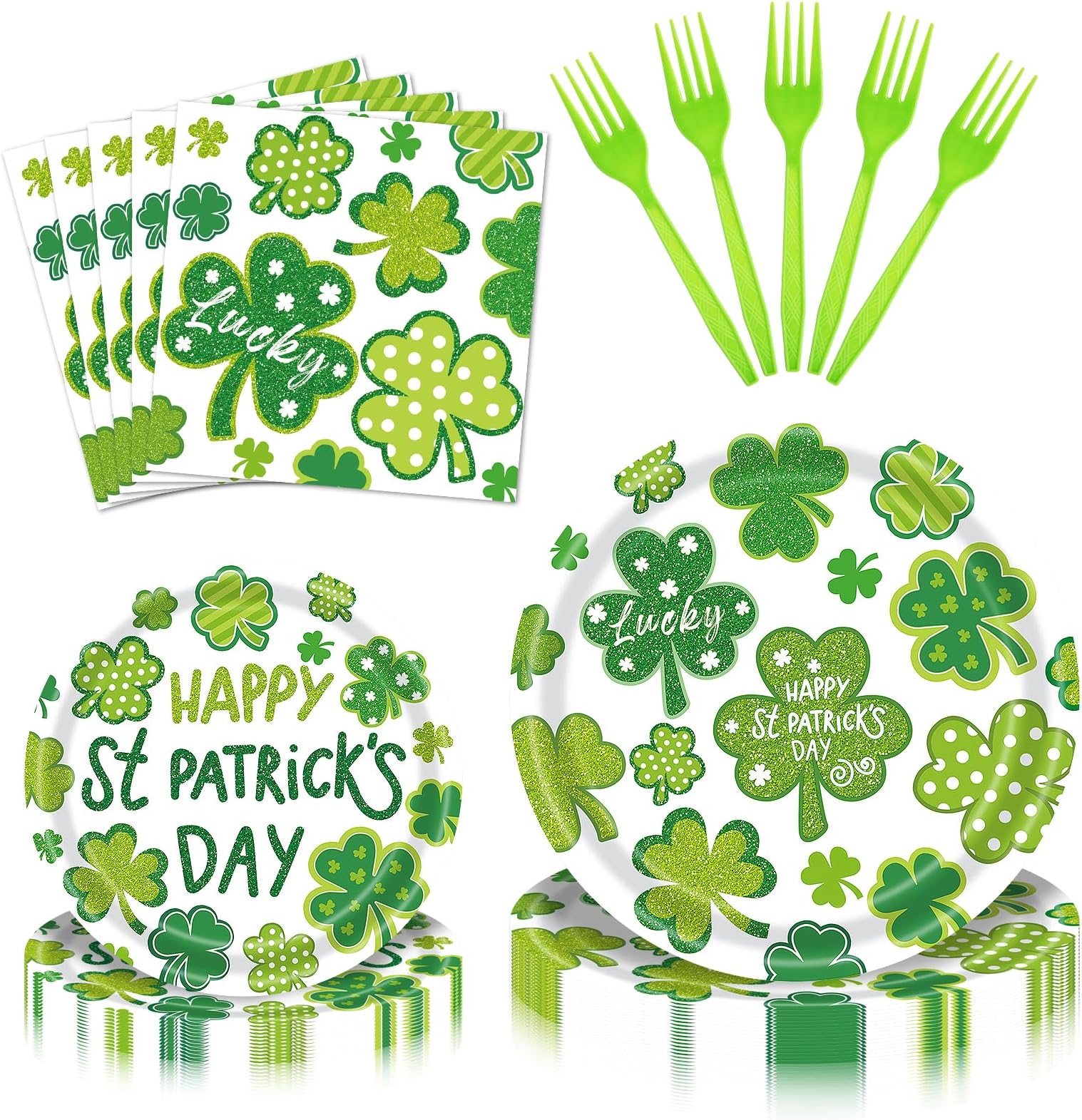 96 Pieces St. Patrick’s Day Tableware Set – Green Shamrock Disposable Plates Napkins Forks with “Happy St. Patrick’s Day” Lucky Clover Designs for Holiday Parties Irish Celebrations – Serves 24