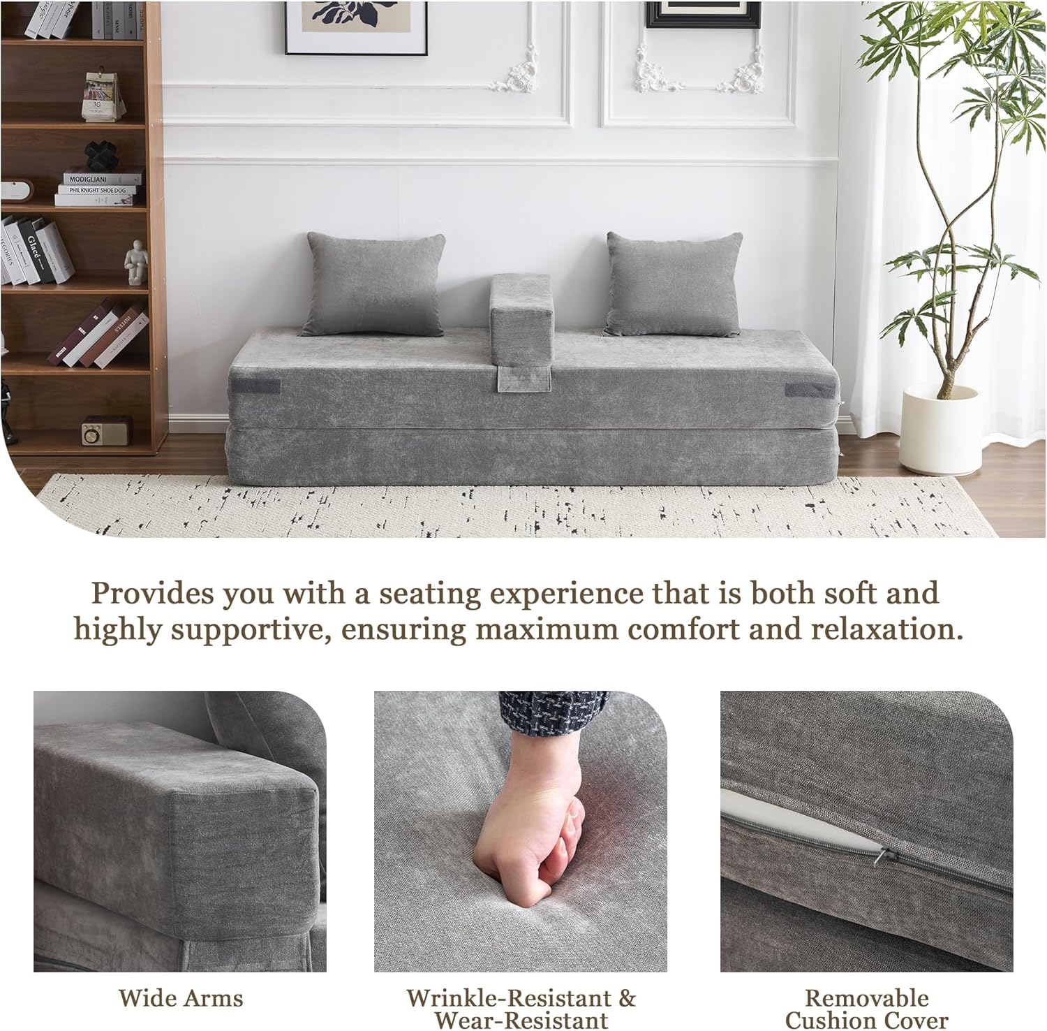 4-in-1 Convertible Folding Sofa Bed Queen, Sleeper Sofa Couch with Armrest and Pillows, Chenille Fold Out Floor Chaise Lounge, Comfy Foldable Futon Mattress For Living Room, Bedroom (Grey 7.87