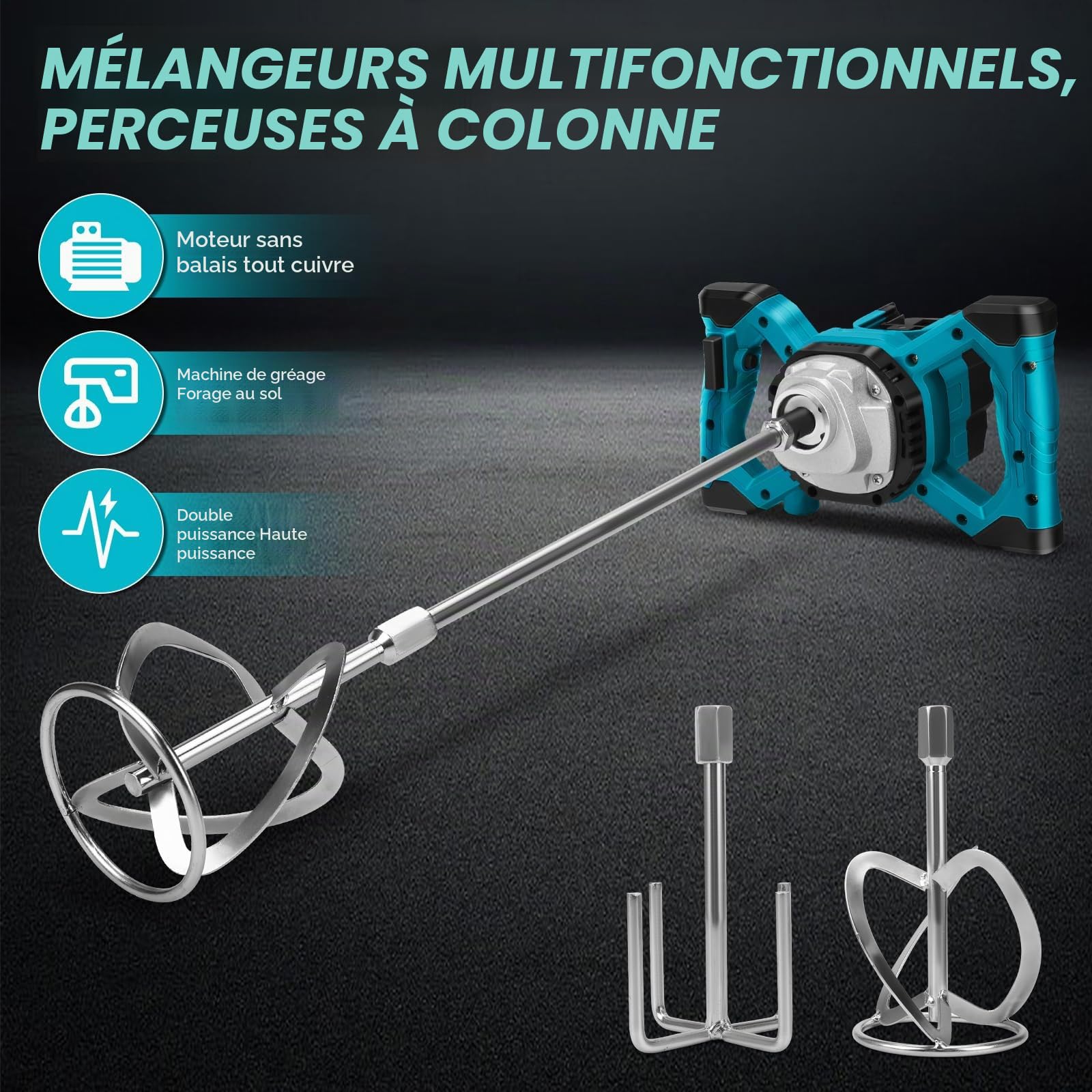 Malaxeur Mortier Compatible avec Batterie Makita, 3200 W batteur de mortier de couleur, max 680 tr/min, mélangeur électrique à palette avec 6 vitesses, 2 tiges mélangeurs (sans Batterie)