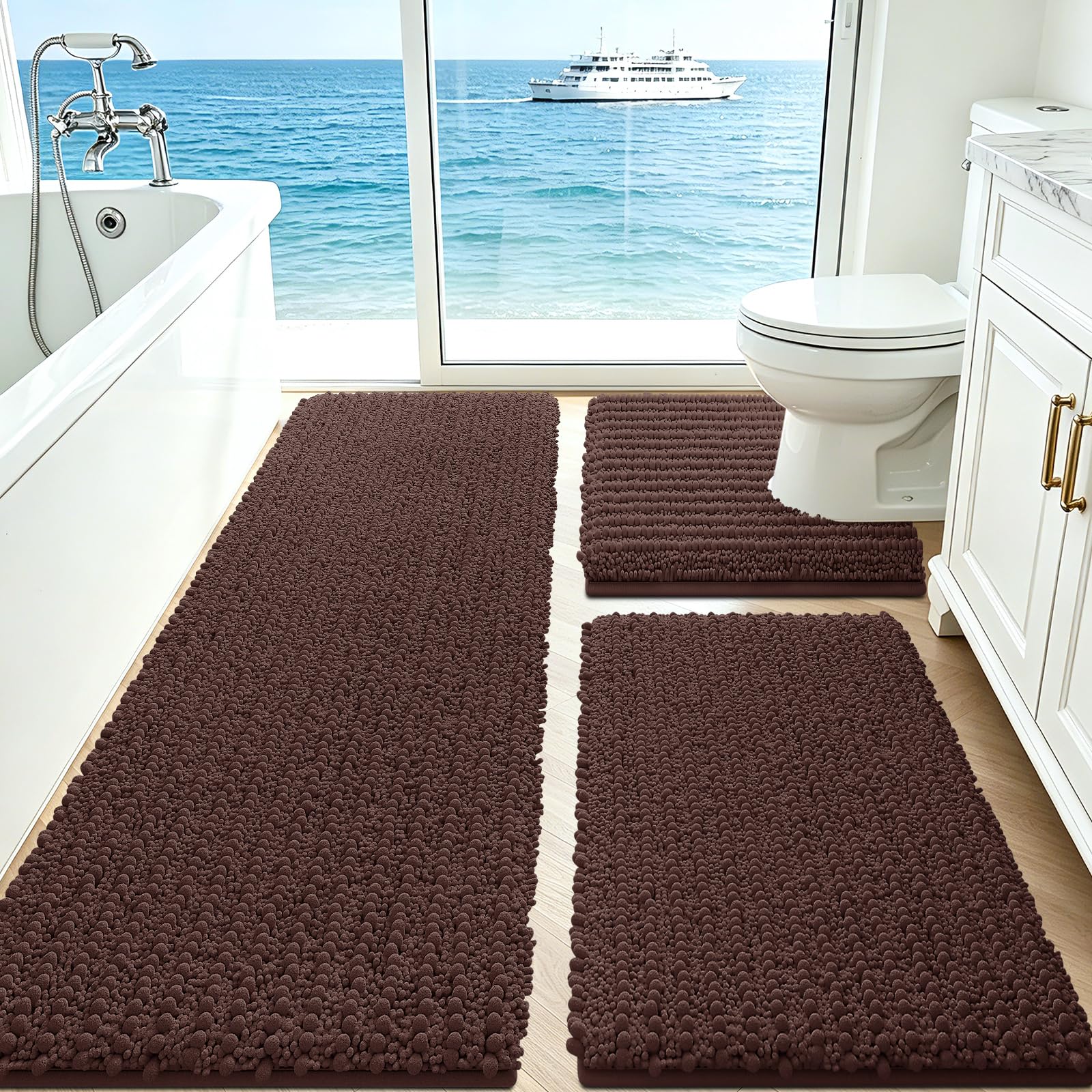 ACCUMTEK Set di 3 tappetini da bagno in ciniglia ultra morbidi, antiscivolo, spessi tappetini da bagno assorbenti per bagno, camera da letto, cucina, caffè scuro