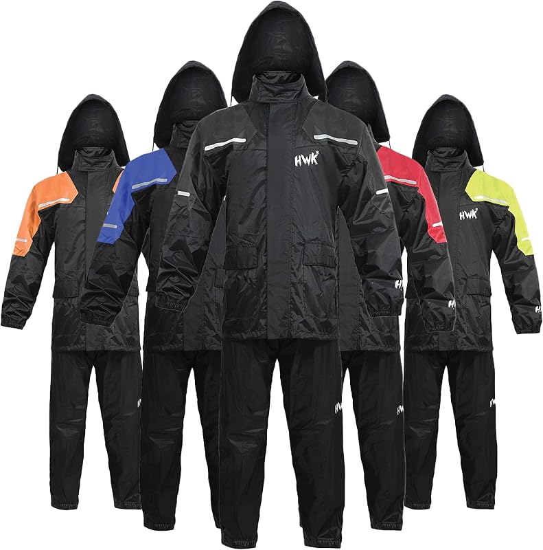HWK Motorcycle Rain Suit for Men and Women, Two-Piece Waterproof Motorcycle Rain Gear with Reflective Jacket and Pants, All-Season Weatherproof Protection for Riding, Black, X-Large