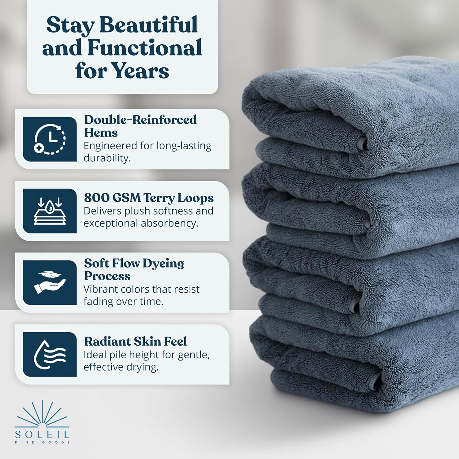 Soleil Fine Goods Luxurious 800 GSM Cotton Bath Towels (2-Pack, 27x54) - Heavyweight & Ultra Absorbent with Modern Borderless Design | Hotel & Spa Quality Luxury for Bathroom- Blue Grey - Image 3