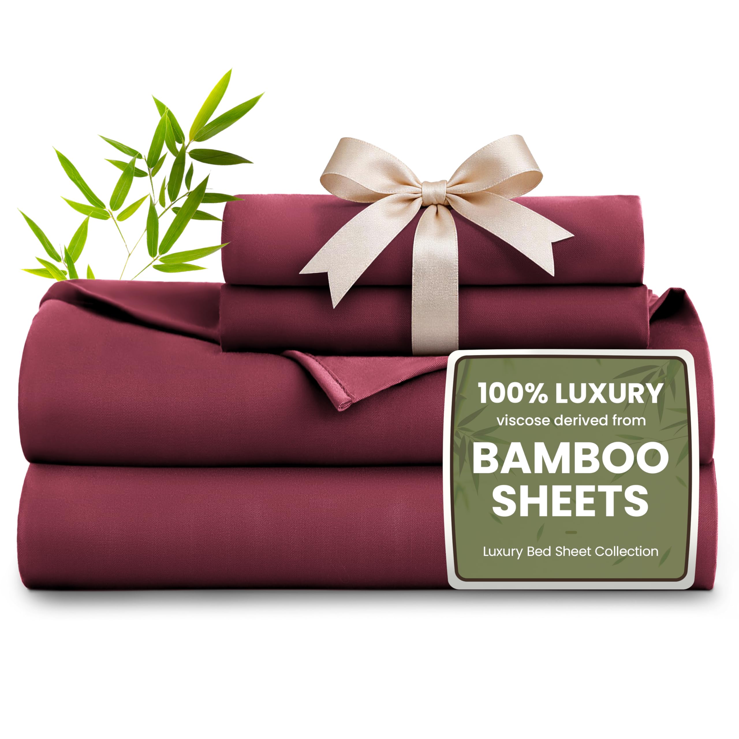 Love's cabin 3 Piece Twin Sheet Set, 100% Rayon Derived from Bamboo, Cooling &amp; Breathable, Soft Silky Deep Pocket up to 16", Hotel Luxury Bedding for Hot Sleepers, Burgundy