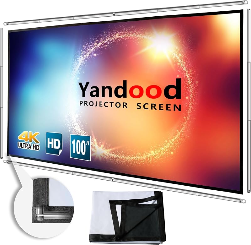 Portable Projector Screen 100 inch with Stainless Telescopic Pole Frame | Black Backing Silver Foldable Projection Screen Indoor Outdoor Backyard Theater