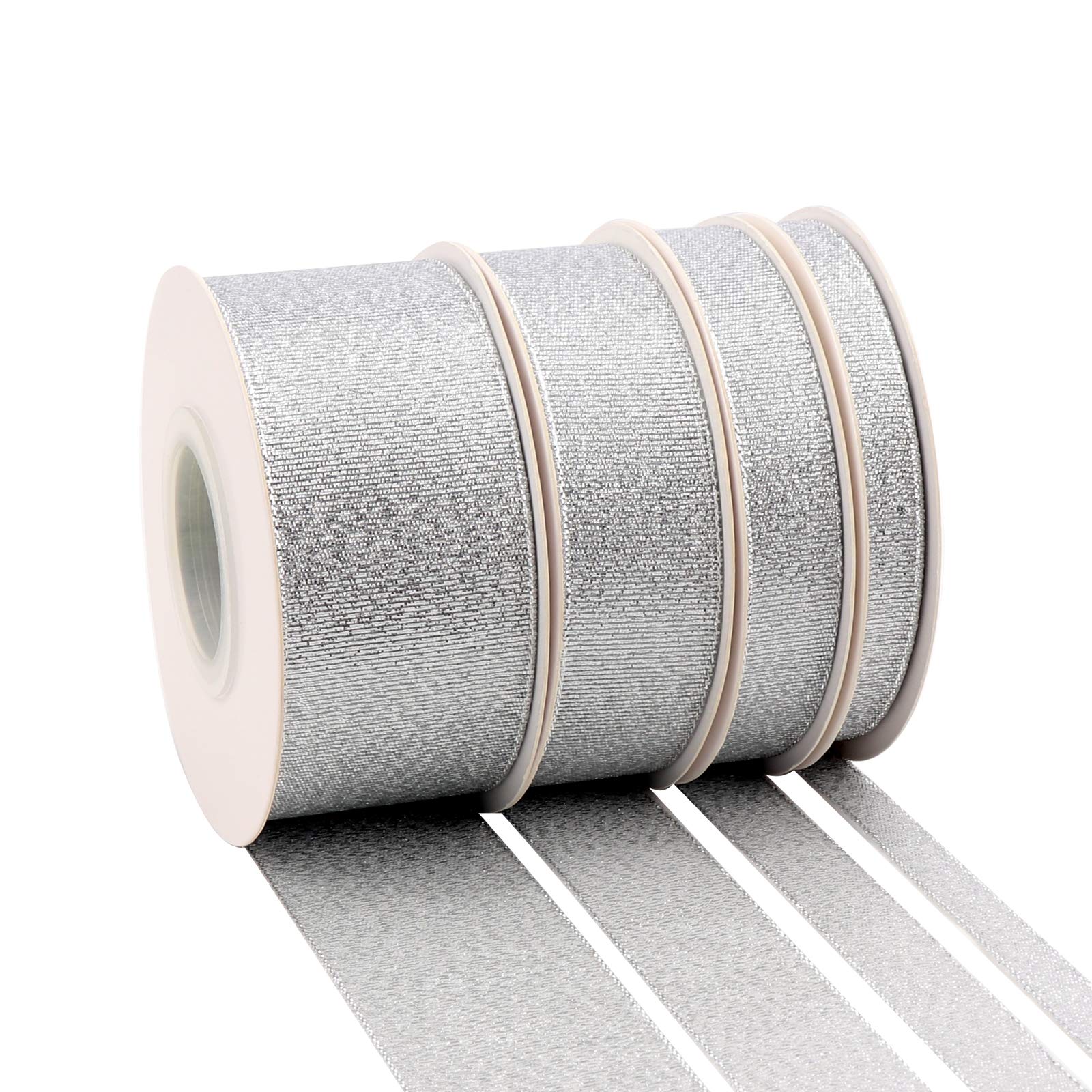 4 Rolls Glitter Silver Ribbon, Easter Ribbon for Gift Wrapping, Holiday Party, Wedding Decoration, Fabric Ribbon for Balloons, Sewing, and Floral DIY Decor, 4 x 25 Yards,(3/8", 5/8", 1", 1-1/2")