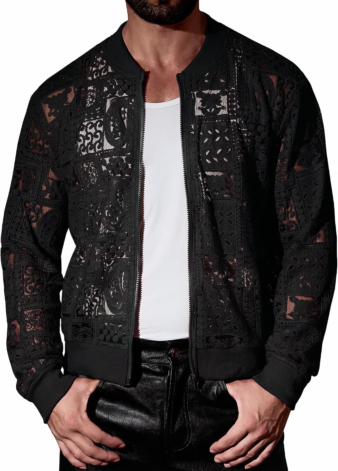 Men's Sheer Floral Lace Jacket Zip Mesh Long Sleeve See Through Bomber Clubwear