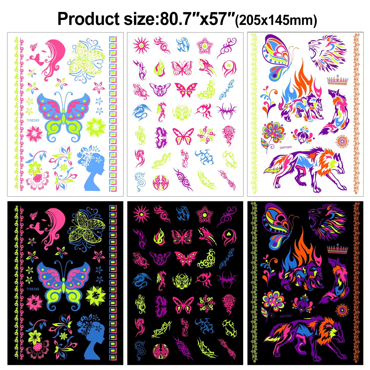 HOWAF 8 Large Sheets Neon Temporary Tattoos, 100+ Shimmer Designs Glow UV Neon Body Face Skin Tattoo Wolf Jewellery Tattoos Flash Fake Waterproof Tattoo Stickers for Women Men Girls Body Art