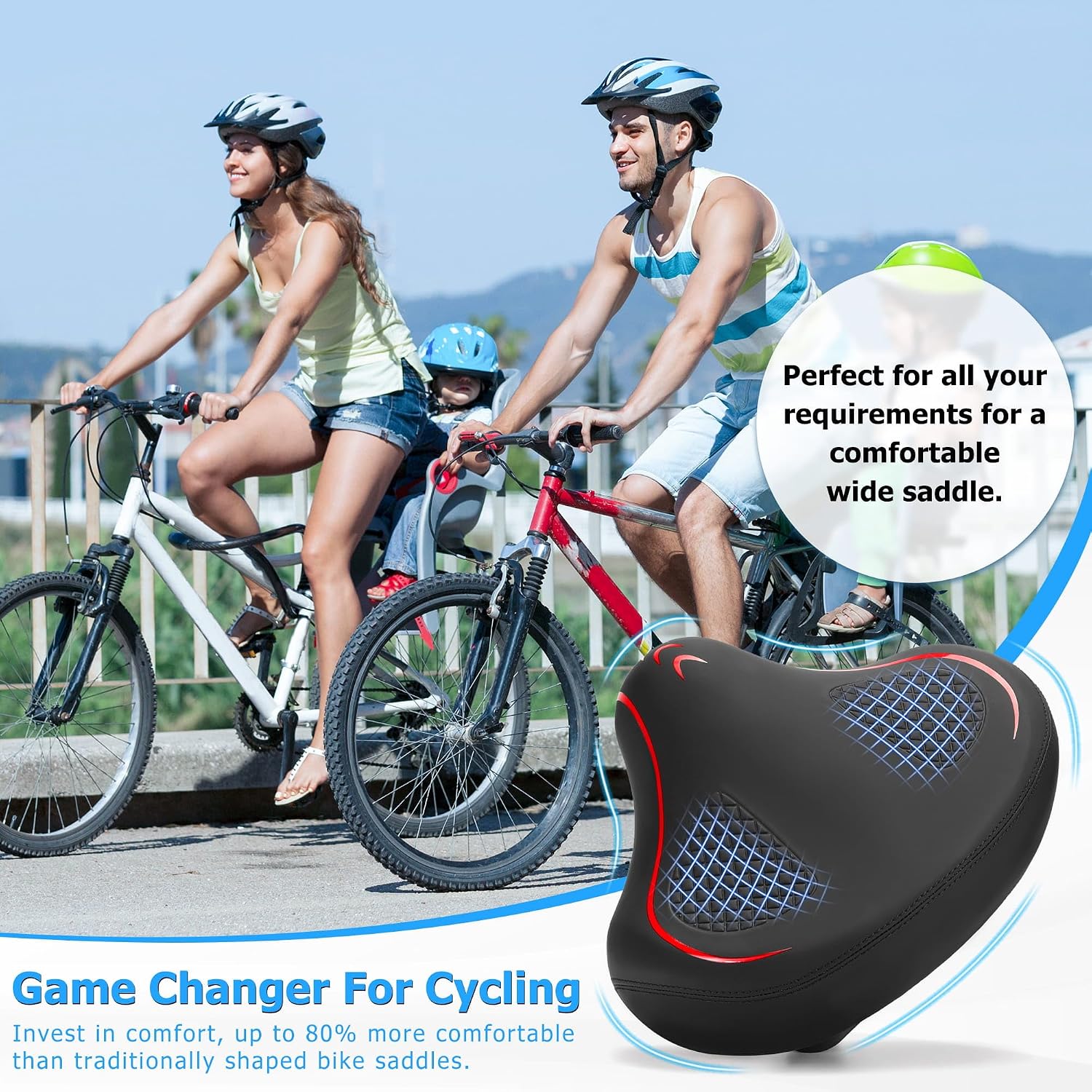 CDYWD New Noseless Bike Seat for Men Women Comfort Wide, Large Soft Padded Bicycle Seat, Comfortable Replacement Bike Saddle for Peloton, Stationary Exercise Bike, MTB, Beach Cruiser, Ebike, City Bike