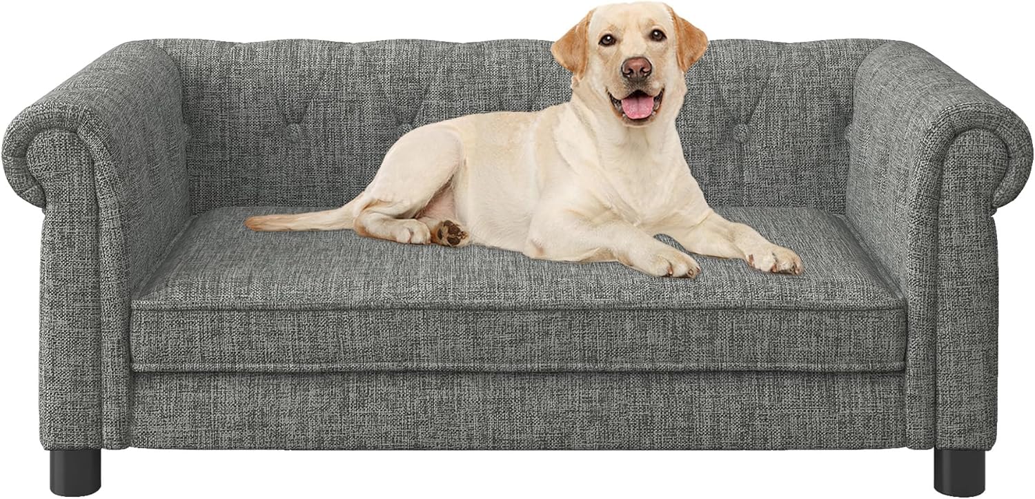 Dog Sofa Couch for Medium Dogs, Memory Foam Dog Bed with Washable Fabric, Durable Elevated Pet Sofa Couch with Legs, Removable Cushion for Medium Dogs, Light Grey