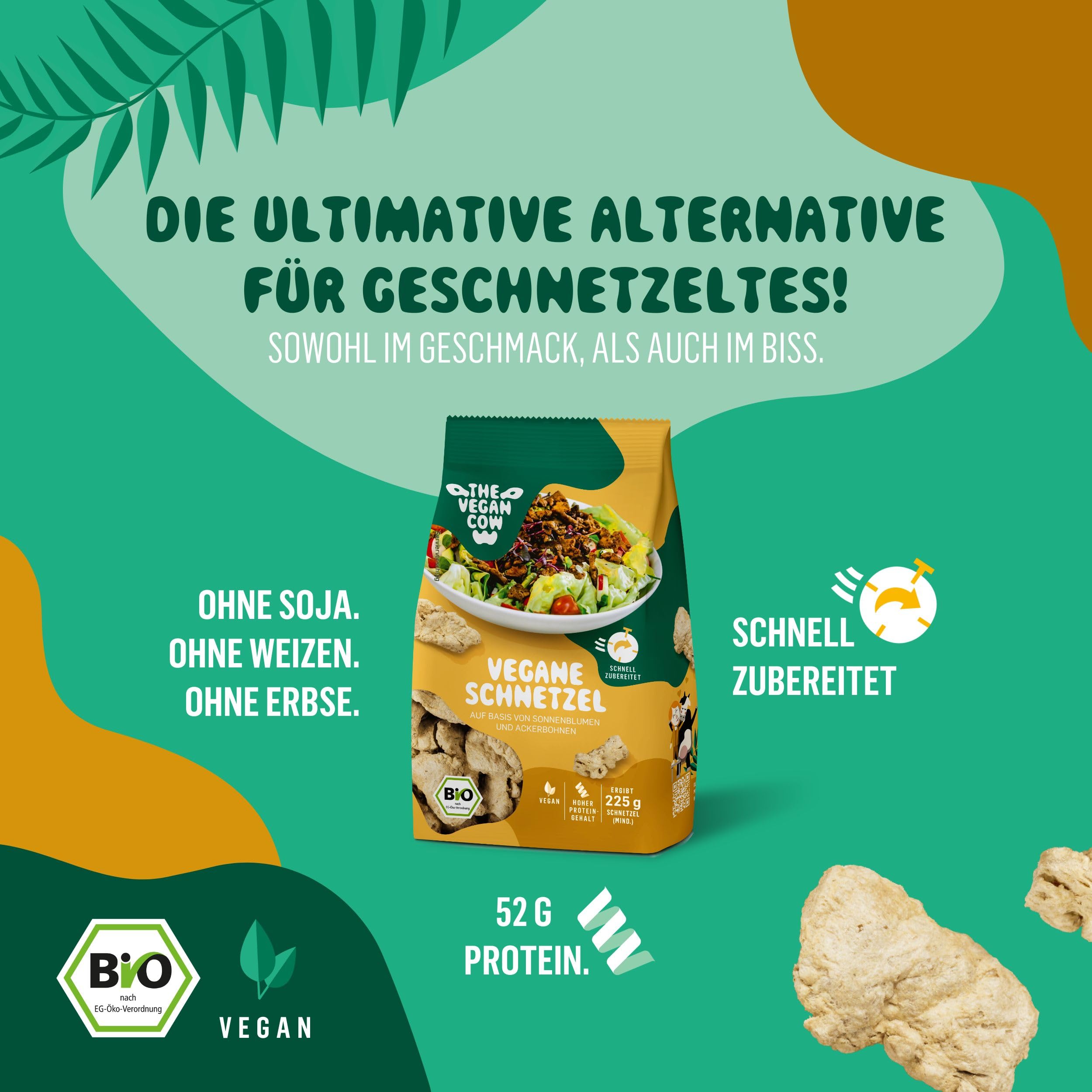 THE VEGAN COW - Veganer Bio-Fleischersatz - 75g (225g zubereitet) - doppelte Proteinquelle - TOP Qualität, Geschmack und Konsistenz - Allergenfrei und ohne Soja (2x75g, Veganes Hack und Schnetzel)