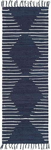 Miniatura 4 de Unique Loom Chindi Cotton Collection - Alfombra de área Briah (2 pies 2 pulgadas x 6 pies 1 pulgada, azul marinomarfil)