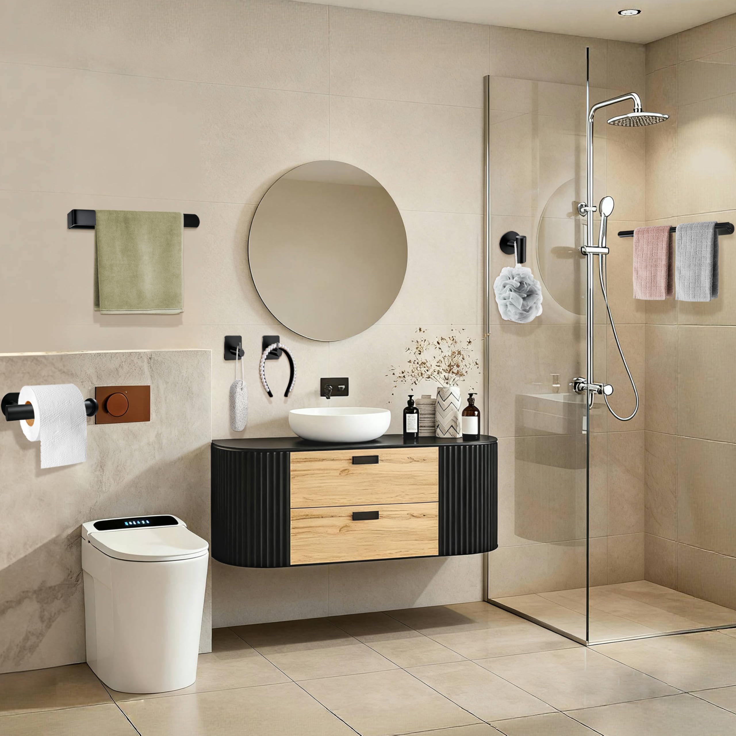Accessori per il Bagno per Asciugamani Autoadesivi set 8PCS Acciaio Inossidabile Portasalviette da Bagno porta Carta Igienica Gancio per Accappatoio (Nero)