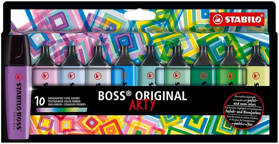 STABILO Highlighter BOSS ORIGINAL - ARTY - Pack of 10 - Cool Colors, Chisel Tip, Anti-Dry Out Technology