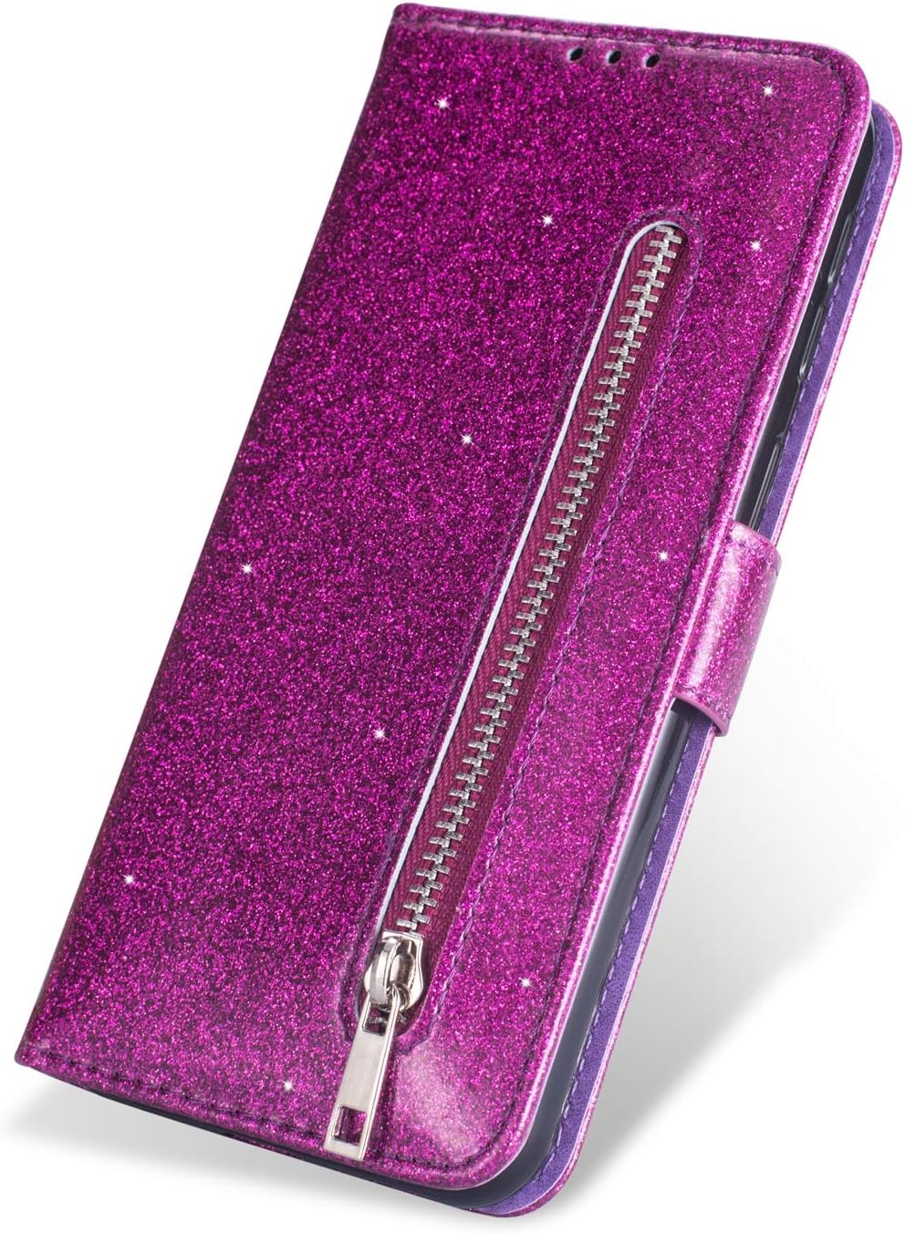 ZCDAYE Wallet Case for Samsung Galaxy A50,Bling Glitter Sparkly Zipper PU Leather Magnetic Flip Folio Card Pockets Holder with Wrist Strap Protective Case Cover for Samsung Galaxy A50 - Purple