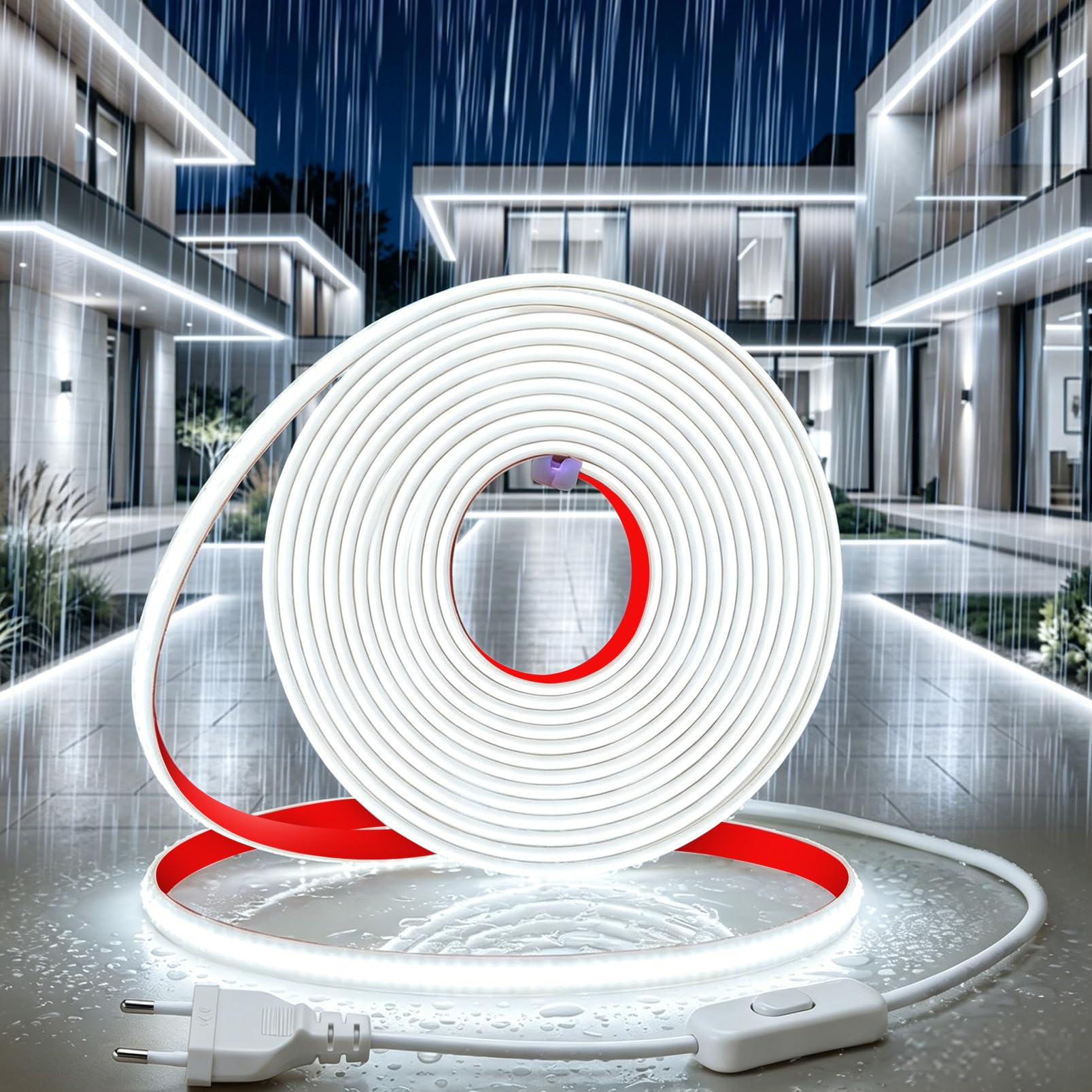 YOODI Tira LED COB 220V 10M Blanco Frío 6000K Exterior Impermeable IP65 | Tiras de LED Adhesiva 320LEDs/M Luces LEDs Flexible Recortable Con Interruptor y Enchufe para Jardín, Dormitorio y Piscina