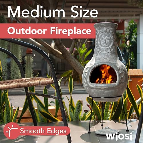 Miniatura 2 de Wiosi Chiminea mediana para exteriores, chimeneas de arcilla gris con tapas de lluvia de chimenea y soportes de metal sólido, chimenea de terracota