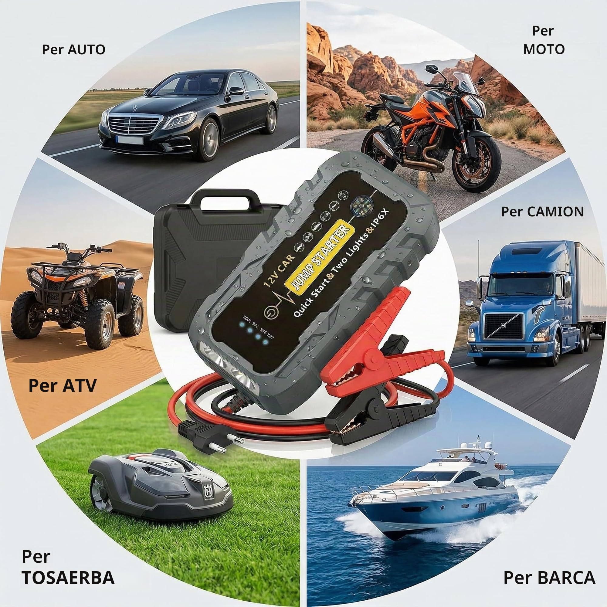 Avviatore per auto 3000A picco 2000A corrente di avviamento, Power bank portatile per batteria auto 12V per tutti i veicoli a benzina e diesel, con cavi booster intelligenti, torcia LED e porte USB
