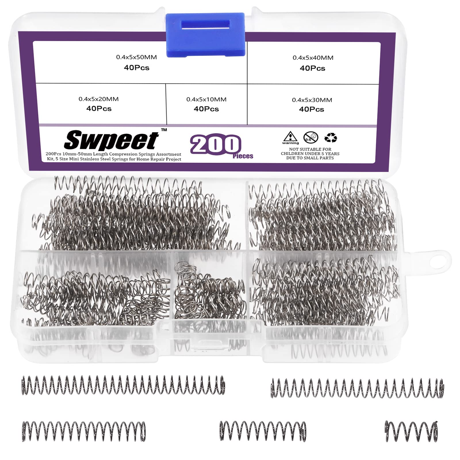 Swpeet 150Pcs 5 Sizes Compression Springs Assortment Kit, Mini Stainless Steel Extension Springs for Shop and Home Repairs, 0.39" to 1.97" Length, 0.24" OD, 10mm - 50mm Length, 6mm OD — Amazon image 8
