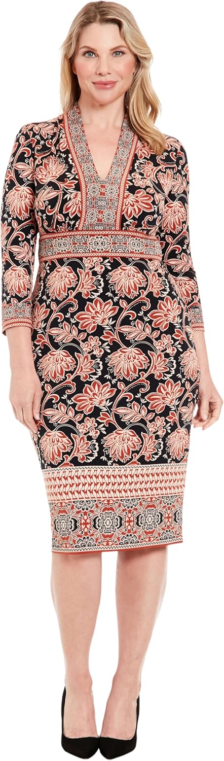 London Times Women's 3/4 Sleeve V-Neck Sheath Dress, Recut - 3-4 SLV V-Neck Sheath Dress