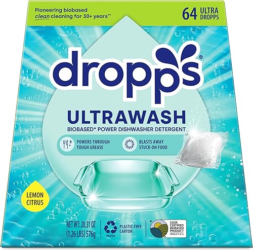 Miniatura 34 de Dropps Detergente para lavavajillas, aroma Fresh Rain, 64 cápsulas, limpia profundamente, empaque de bajo desperdicio, sin prelavado o enjuagado,