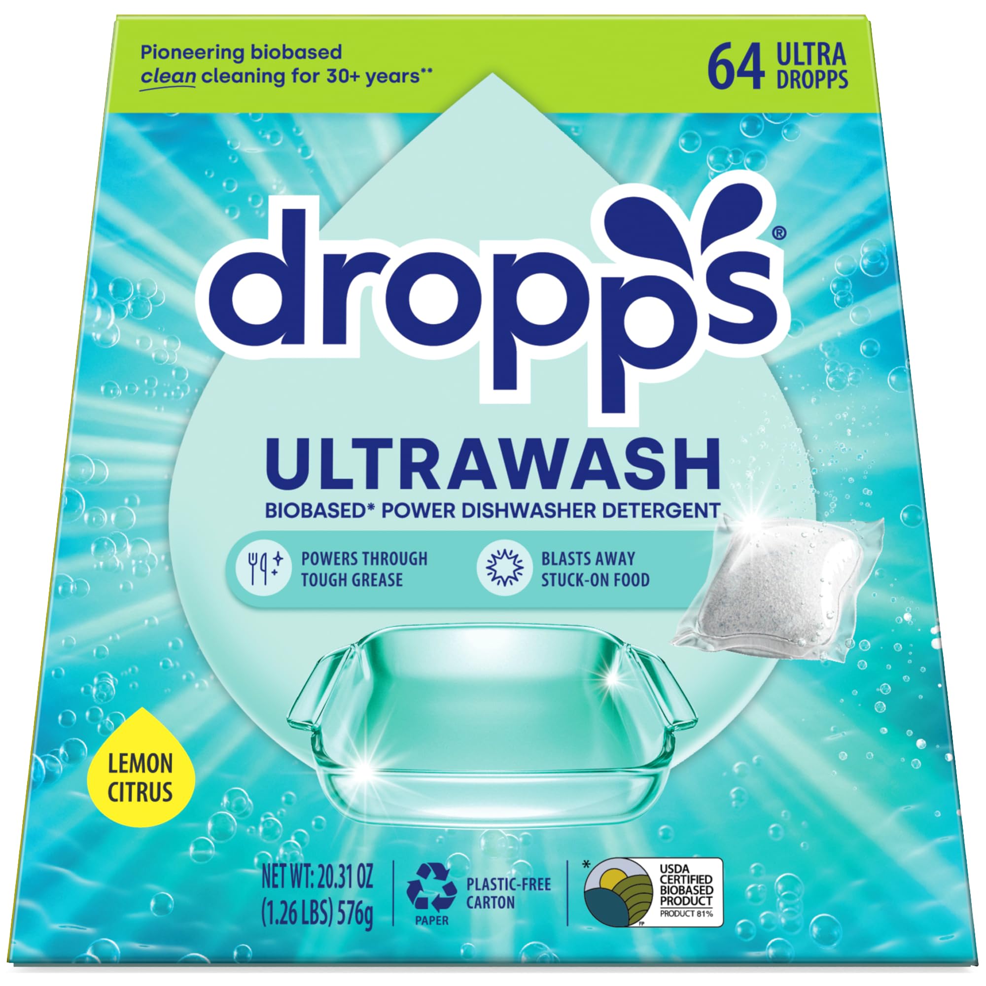 Dropps UltraWash Dishwasher Pods, Lemon Citrus (64 Count) - Biobased Power Deep Clean Dishwasher Detergent Tablets for Sparkling Shiny Dishes - No Rinse Aid or Pre-Wash Needed -Dishwashing PodsU.S. EPA Safer Choice[Amazon-developed Certification] Compact by Design