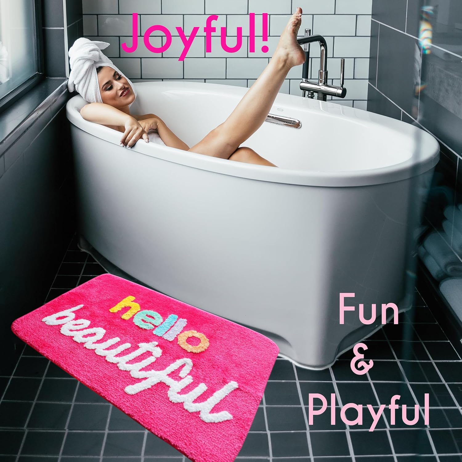 Evovee Hello Beautiful Bath Mat Cute Bathroom Rugs for Girls You Look Good Gorgeous Funny Shower Fun Bathroom Decor Non-Slip Washable Kids Women Dark Hot Pink Magenta Rainbow Colorful