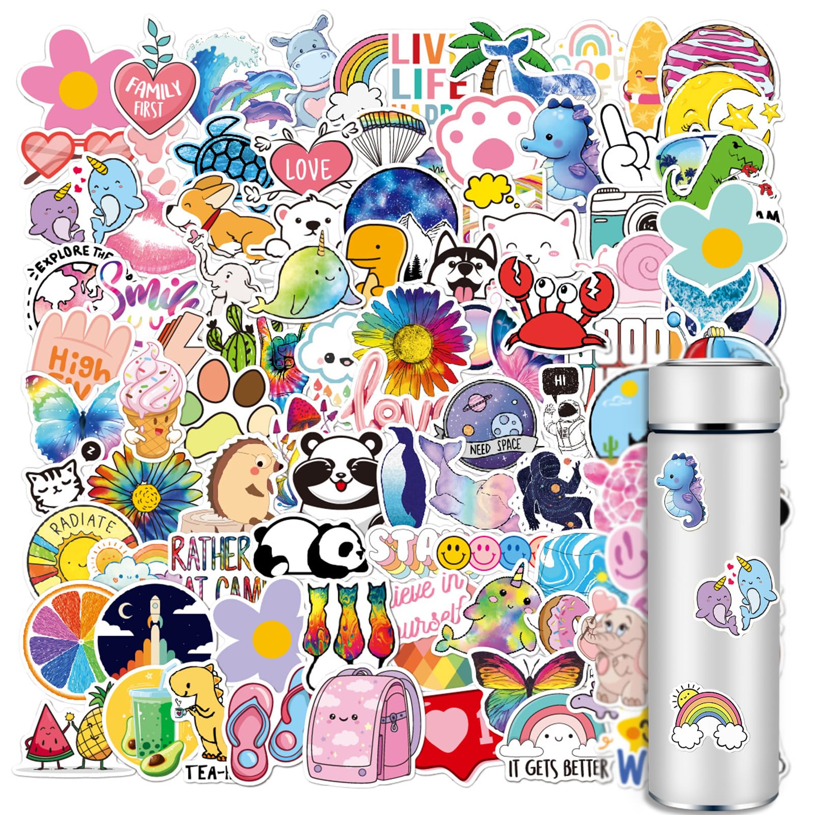 100 PCS Water Bottle Stickers, Cute Vinyl Waterproof Stickers Cartoon ...