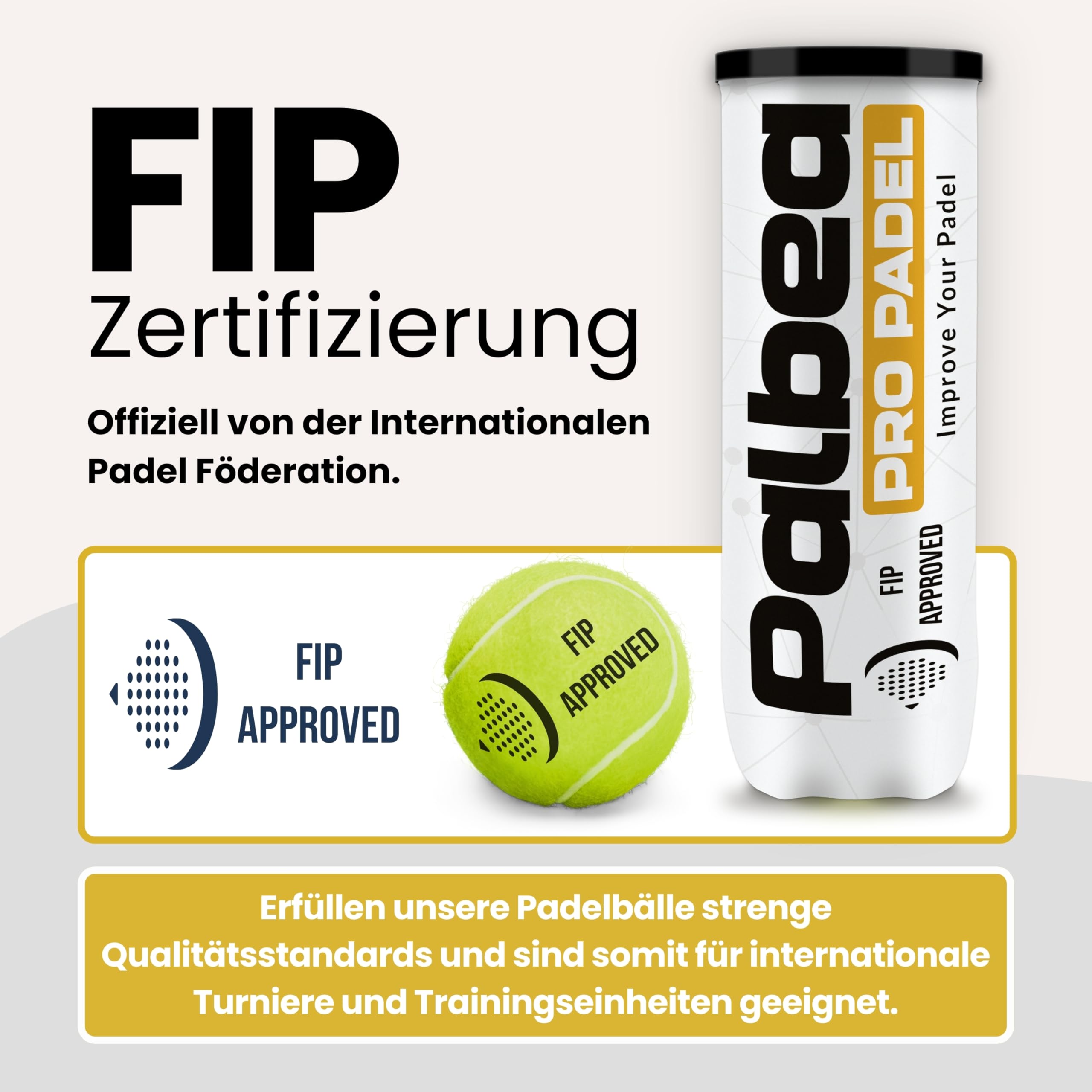 Palbea PRO Padel - FIP Zugelassene Padelbälle - 1 Karton x 6/9/12/14/20/24 Röhren - Padel Bälle mit HV Filz für Hohe Sichtbarkeit. Premiumqualität. Für Training und Turniere. Langlebig und Schnell.