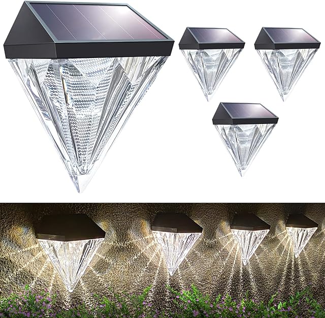 DINKALEN Solar Fence Light, Solar Lights Outdoor GardenDiamond Outdoor Fence Lights, Waterproof Solar Garden Lights Ornaments for Garden Pathway Patio Yard. Warm White - 4 Pack [Energy Class A+++]