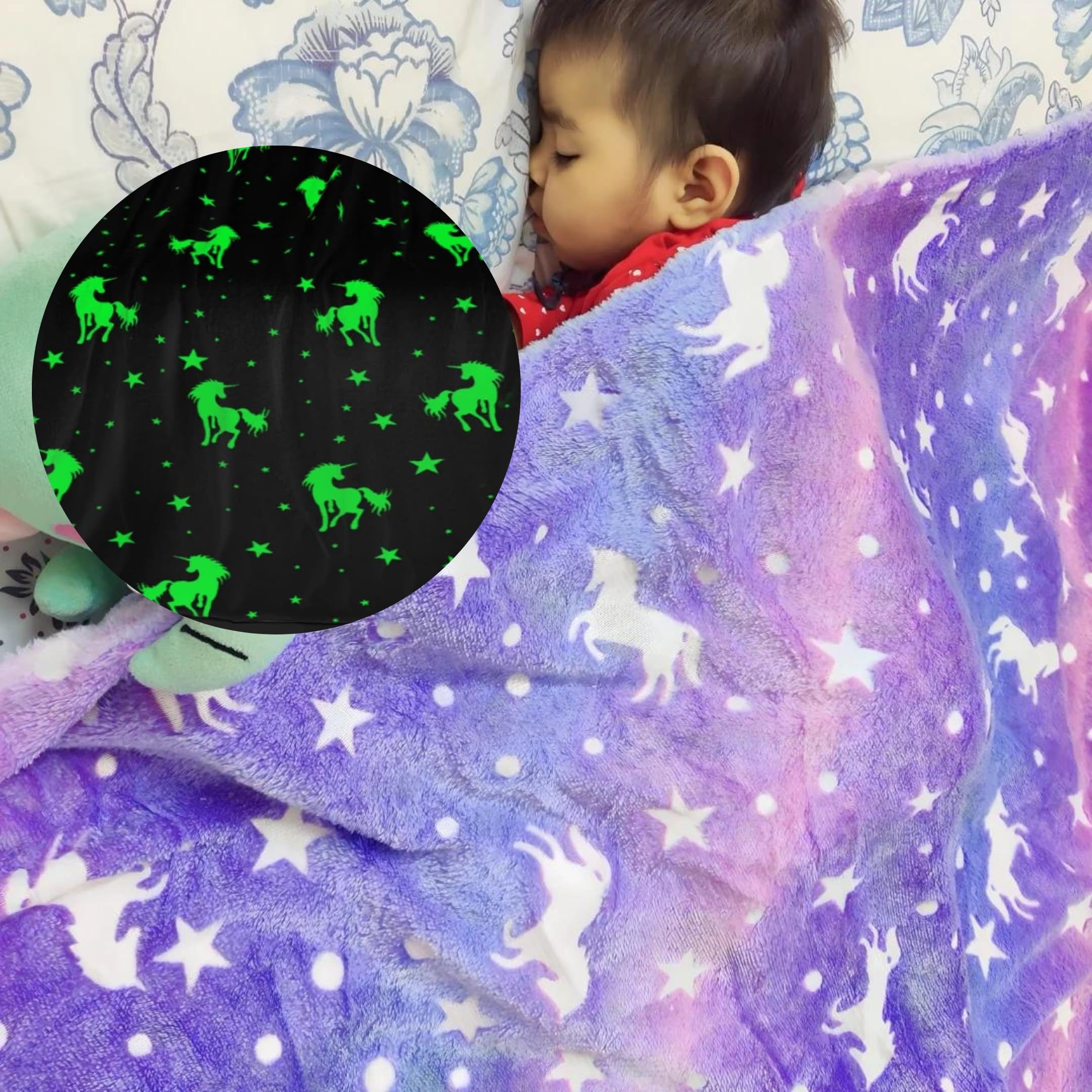 Famyo Glow in the Dark Blanket Combo for Kids, Rocket & Unicorn 3