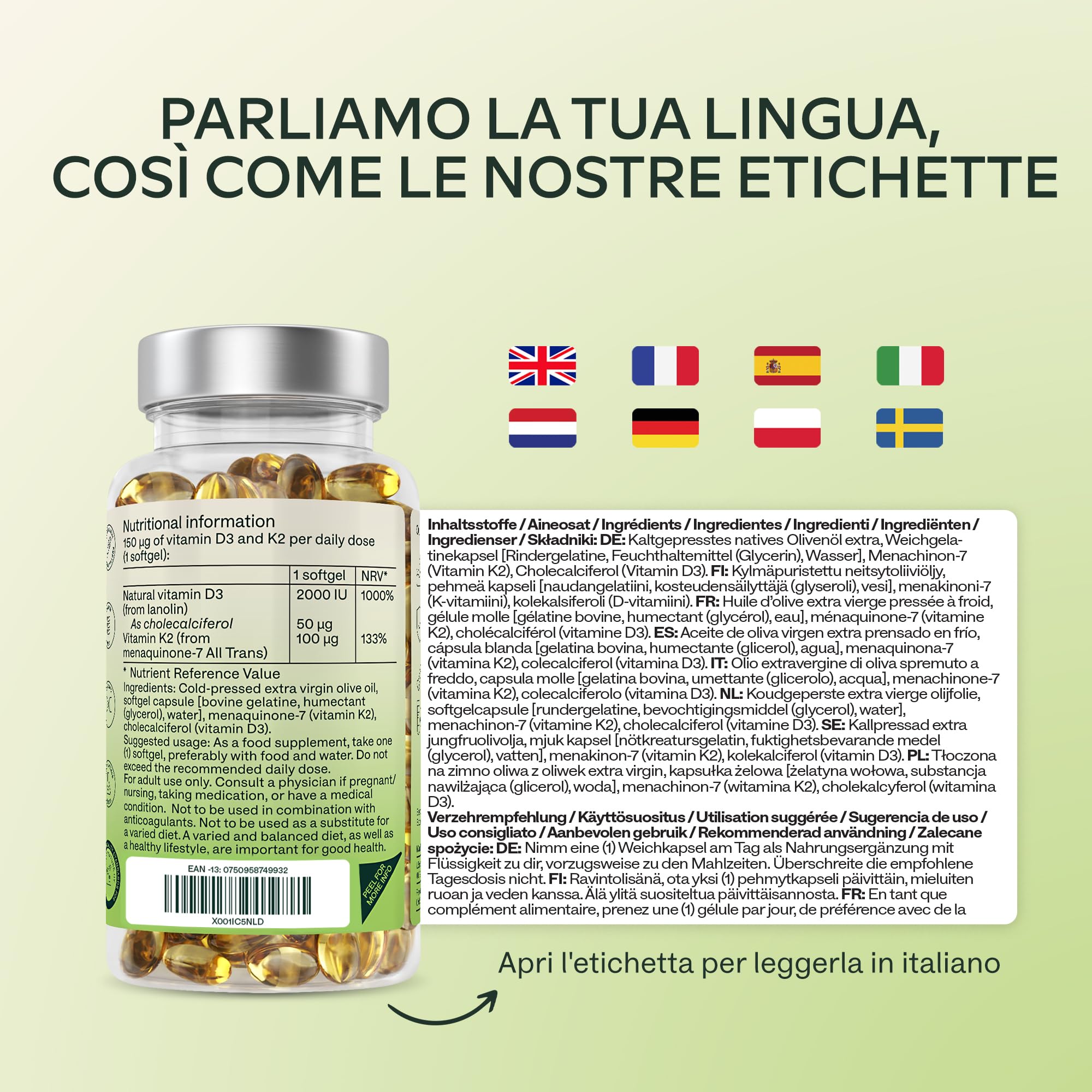 Vitamina D3 K2 Alto Assorbimento Olio Extravergine d'Oliva - Vitamina D3 2000 UI + Vitamina K2 MK7 100 μg - Vitamina D 2000 UI e Vitamina K - 180 Capsule