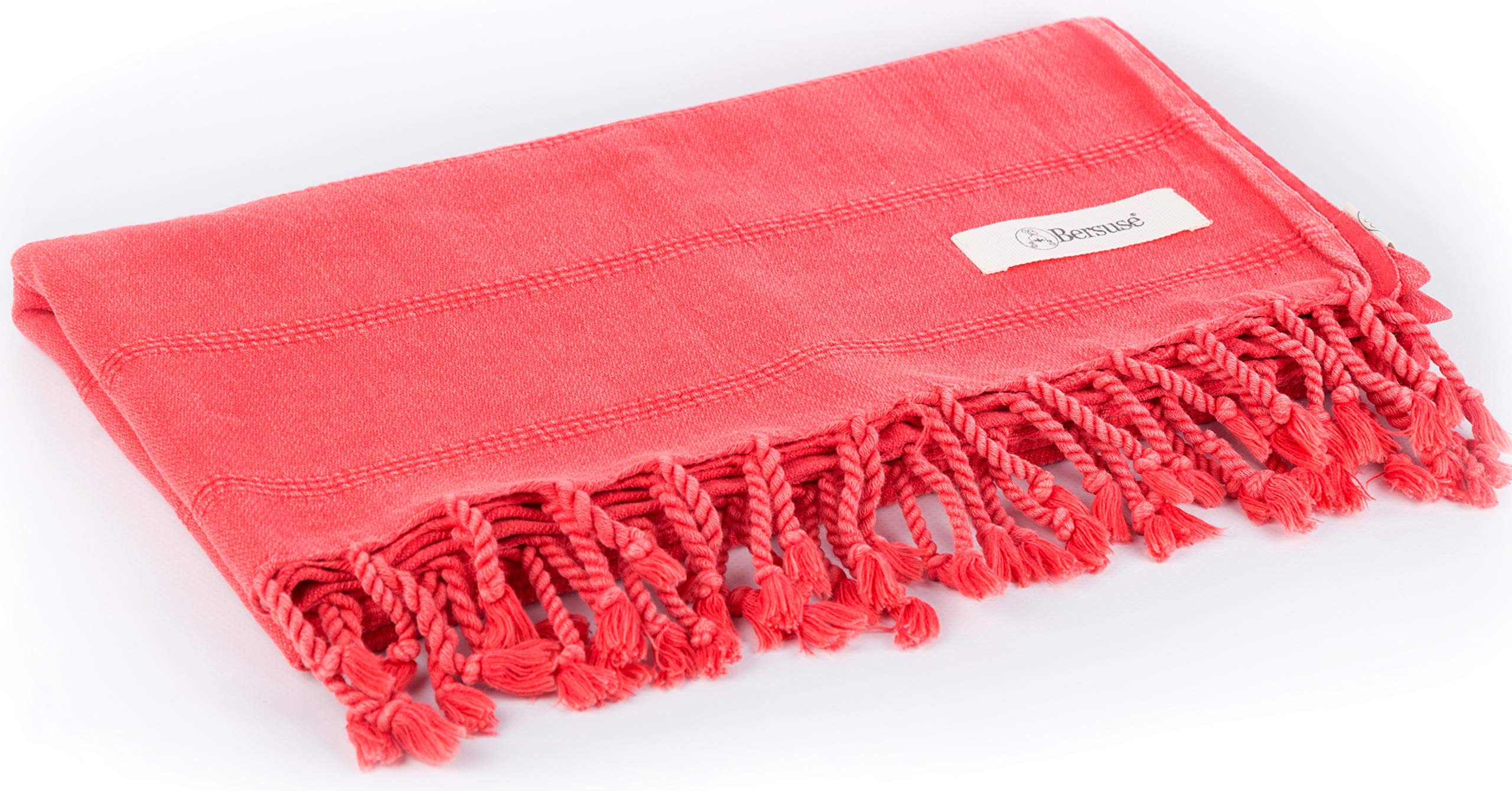 Bersuse 100% Coton - Troy Serviette Turque - Drap de Bain, Serviette de Plage - Fouta Peshtemal - Oeko-TEX - 95x175 cm, Corail