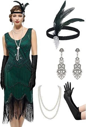 YESSA Flapper Dresses 1920s Gatsby Dress for Women Roaring 20s Costumes Fringed Sequin Cocktail Dress with 20s Accessories