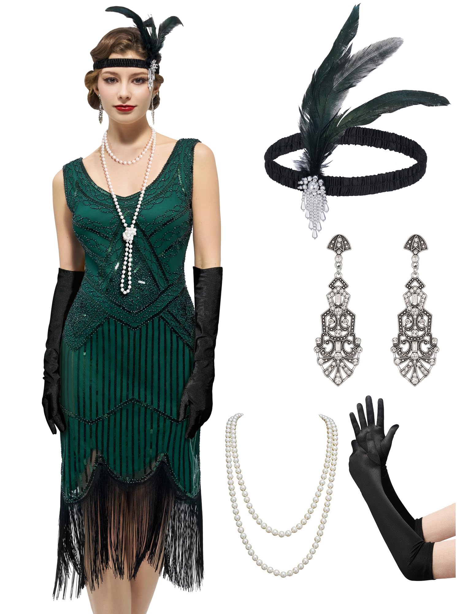 YESSA 20er Jahre Kostüm Damen Gatsby Kleid Damen,1920er Kleider Mit Accessoires Charleston Kleid 20er Jahre