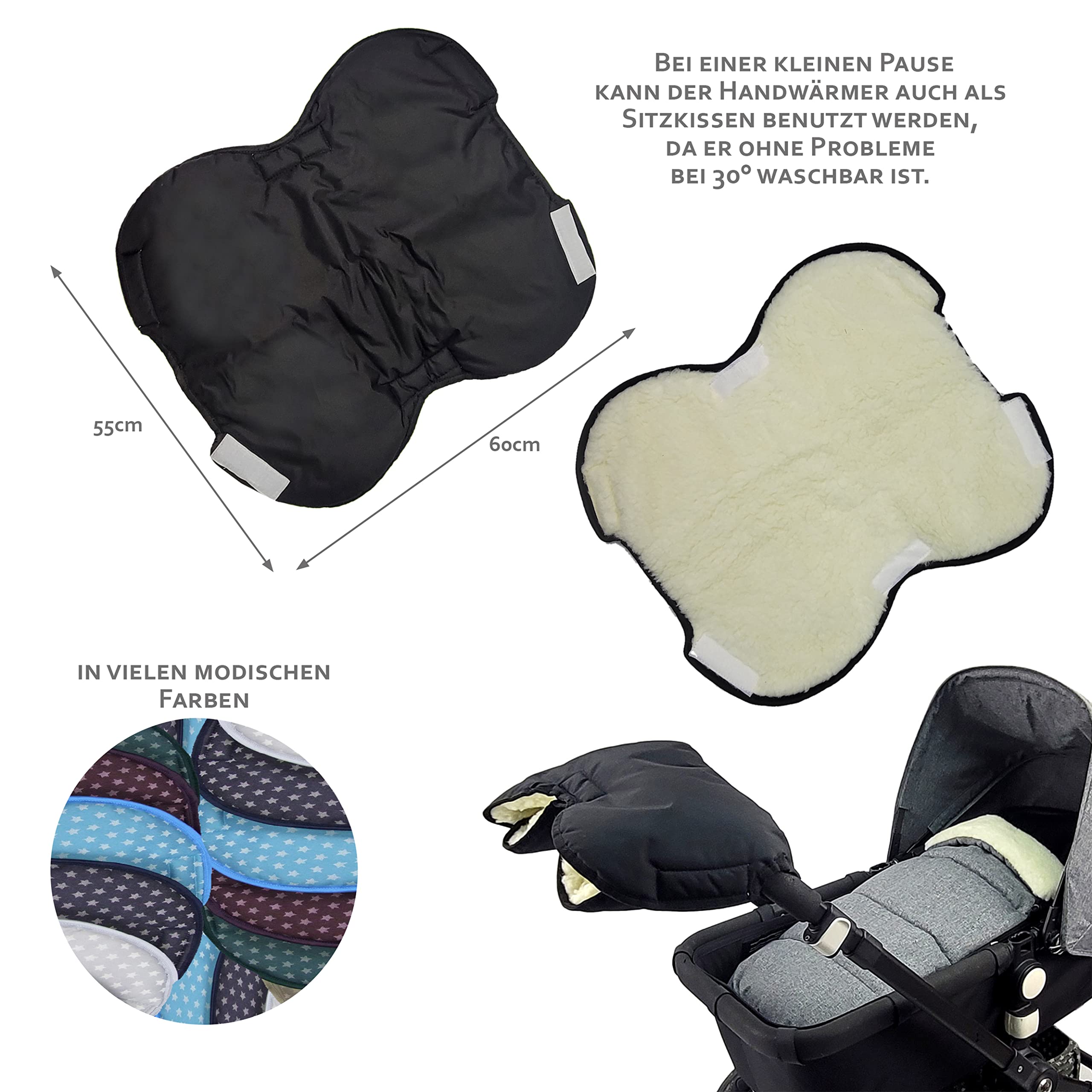 Bambiniwelt, offerta combinato MUFF + sacco a pelo invernale in lana d'agnello per passeggino, carrozzina, slitta, stelle turchesi XX
