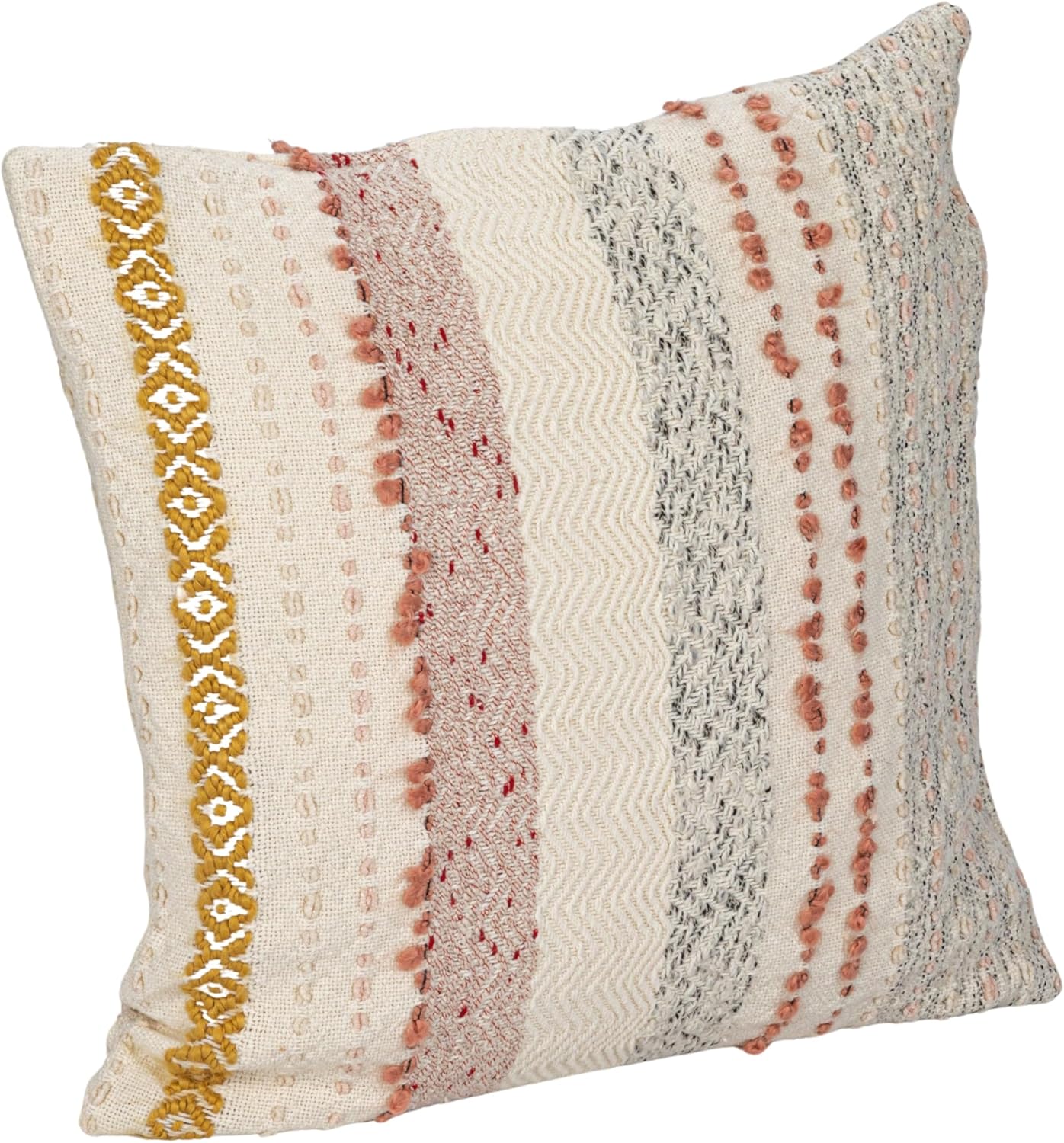 Creative Co-Op Woven Cotton Blend Pillow with Stripes and Embroidery, Multicolor, Square, Multi
