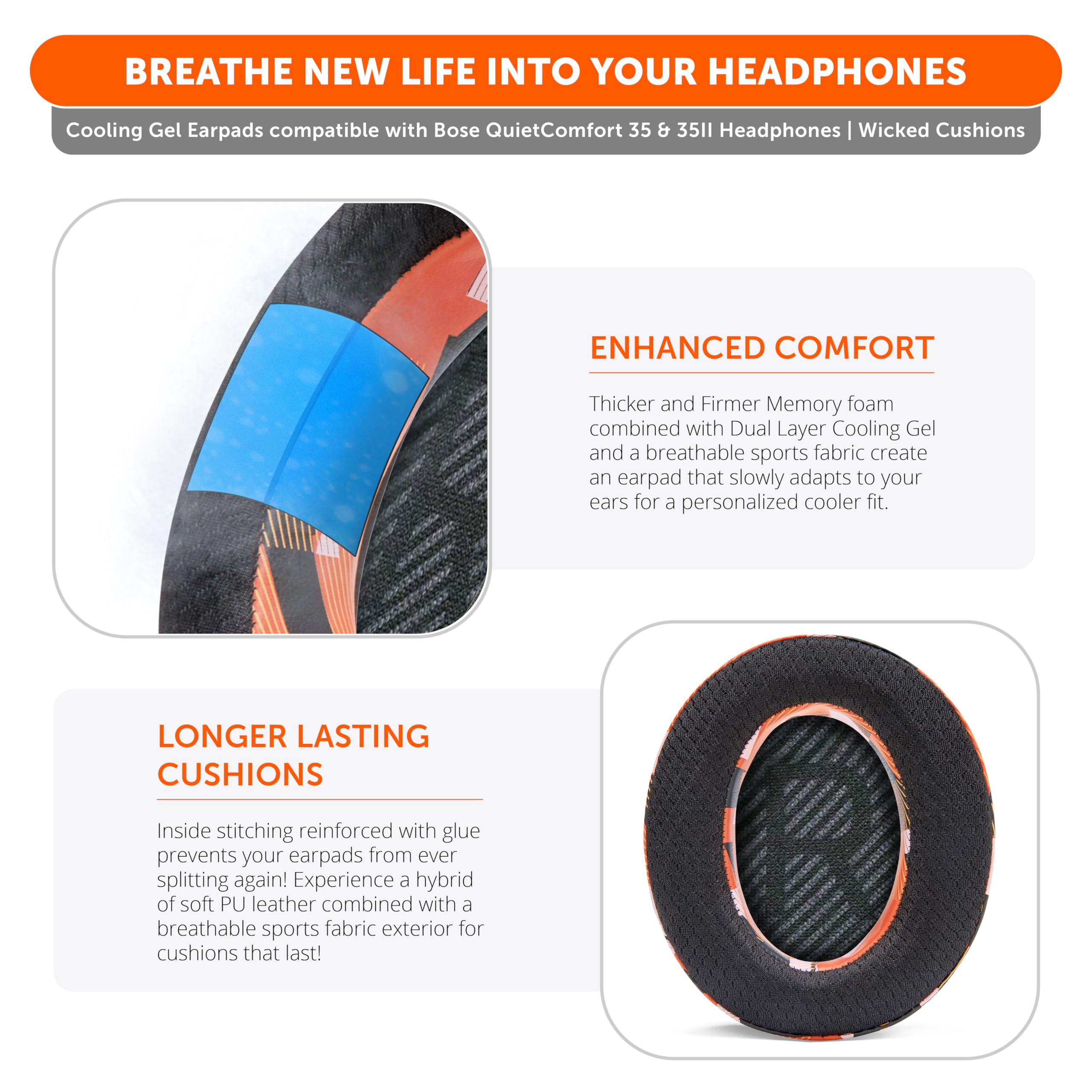 WC FreeZe QC35 - Cooling Gel Ear Pads for Bose QC35 & QC35ii (QuietComfort 35) Headphones & More, Orange Prism - Image 4