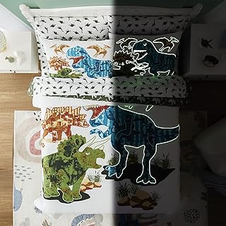 KALEIDOSPACE Gilrs Boys Bedding Sets Twin, 5 Piece Glow in The Dark Dinosaur Bed in A Bag-1 Comforter,1 Pillow Sham, 1 Pillowcase, 1 Flat Sheet, 1 Fitted Sheet