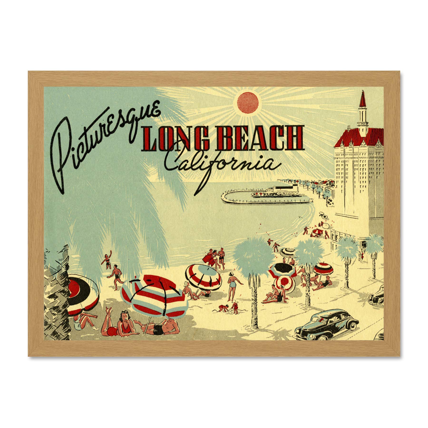 Wee Blue Coo Postcard Picturesque Long Beach California Beach Large Framed Art Print Poster Wall Decor 18x24 inch