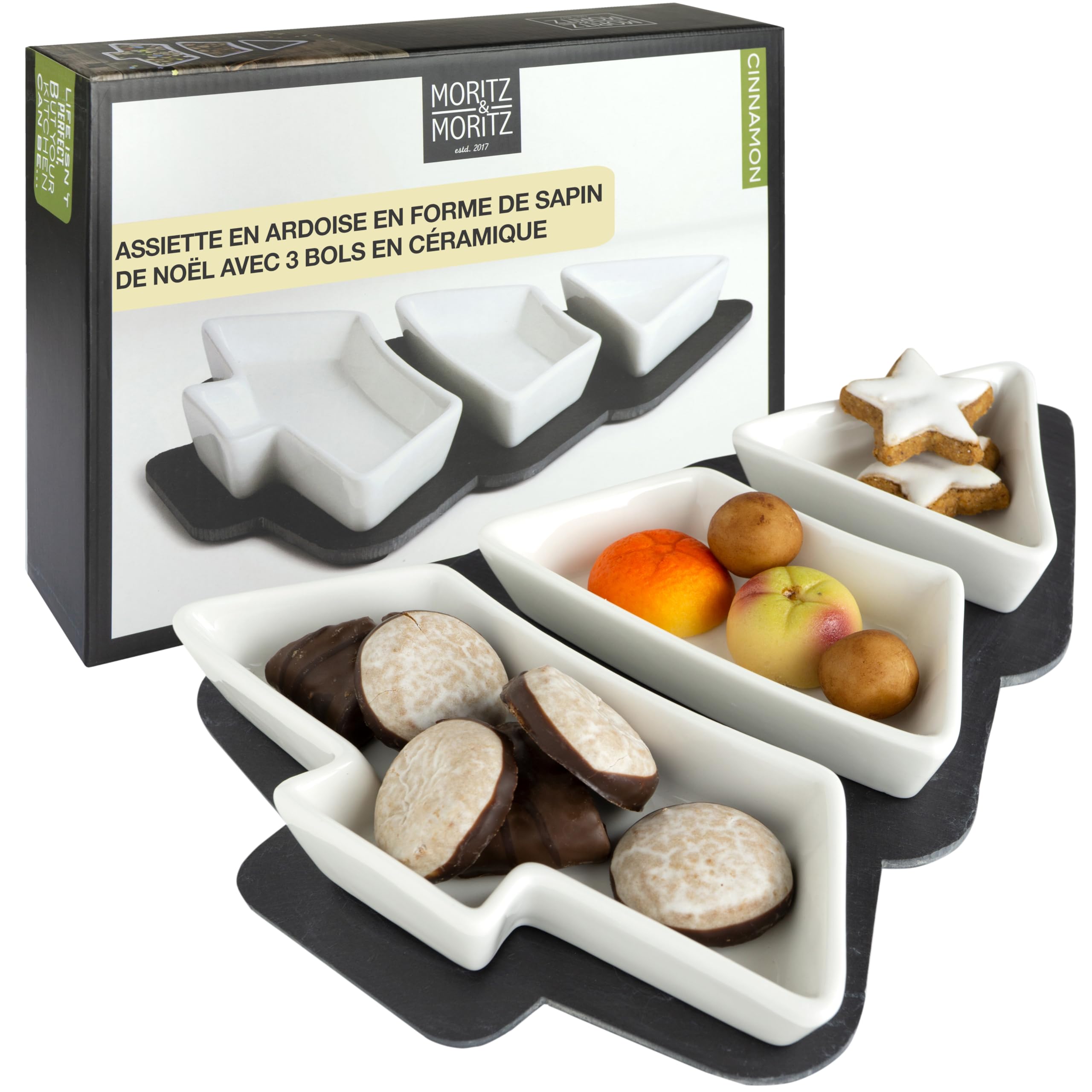 **Plateau Aperitif de Noël en Céramique et Ardoise - 3 Coupelles Multifonctions pour Snacks, Entrées et Desserts - Vaiss
