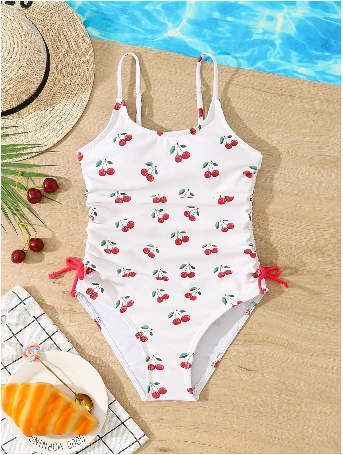 Girl's Cherry Print Swimsuit One Piece Ruched Side Drawstring Summer Beach Bathing Suit - Image 5