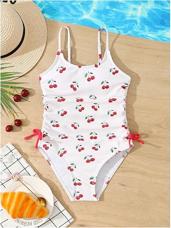 Girl's Cherry Print Swimsuit One Piece Ruched Side Drawstring Summer Beach Bathing Suit